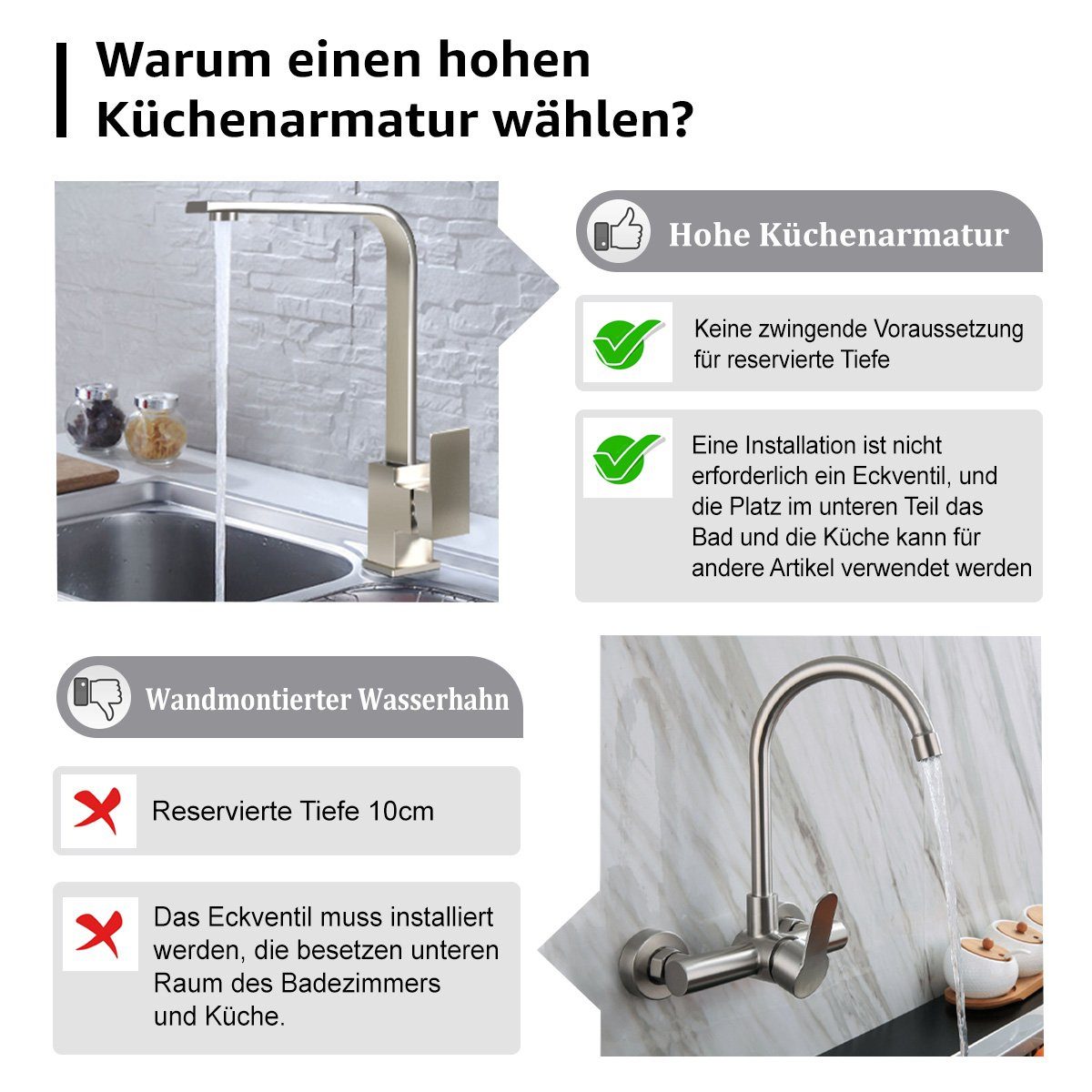 MOOHO Gebürsteter Spültischarmatur Küchenarmatur, Waschtischarmatur Nickel Küche Mischbatterie Wasserhahn