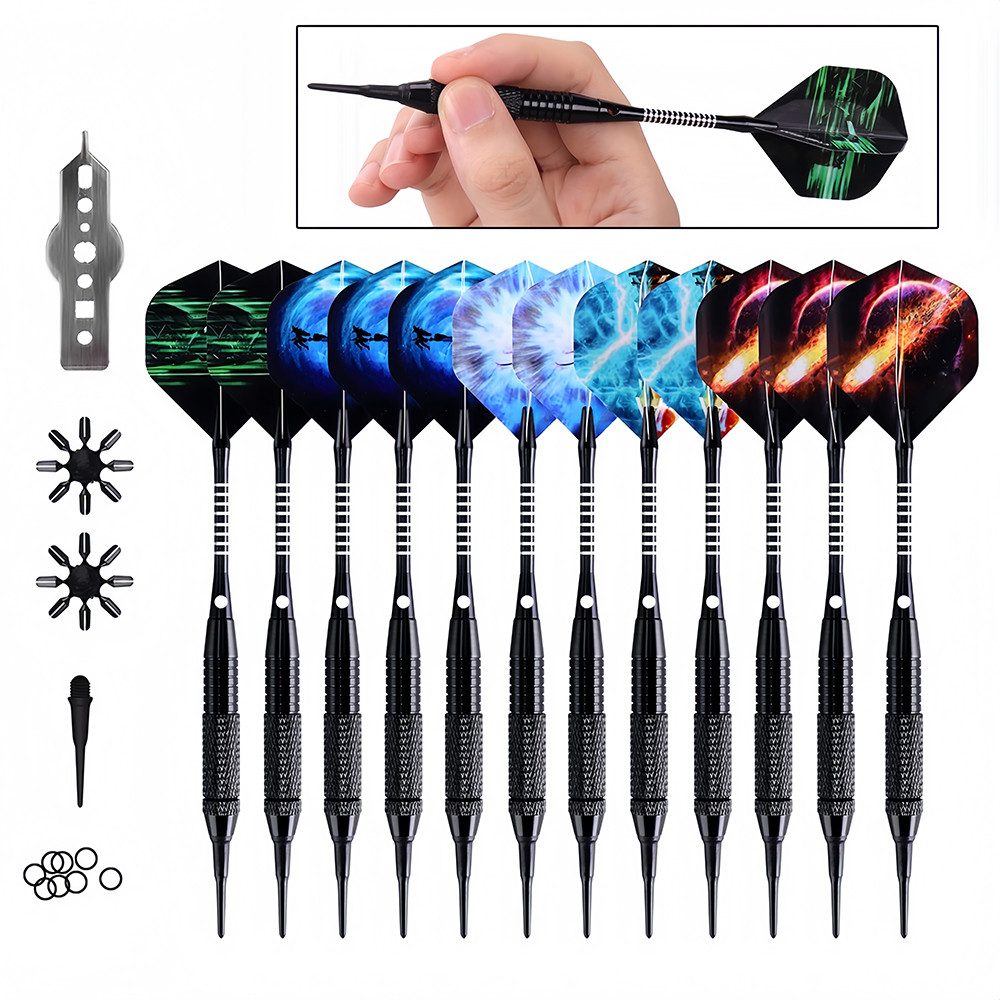 AFKSMILE Dartpfeil Dartpfeile mit Kunststoffspitze 12 Stück 16 Gramm Profi Dartpfeile Set, Dartpfeile für Elektronische Dartscheibe mit 12 Flights 20 Gummiringen