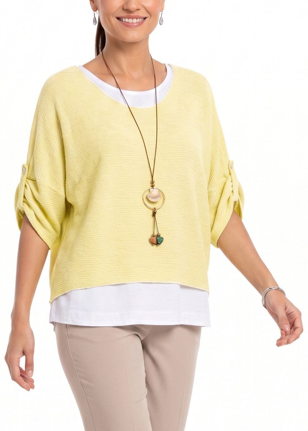 dy_mode Blusenshirt Damen Blusenshirt Oberteil 2-in-1 Lagenlook Shirt Fledermausärmel 2-teilige Set, inkl. Halskette, Fledermausärmel