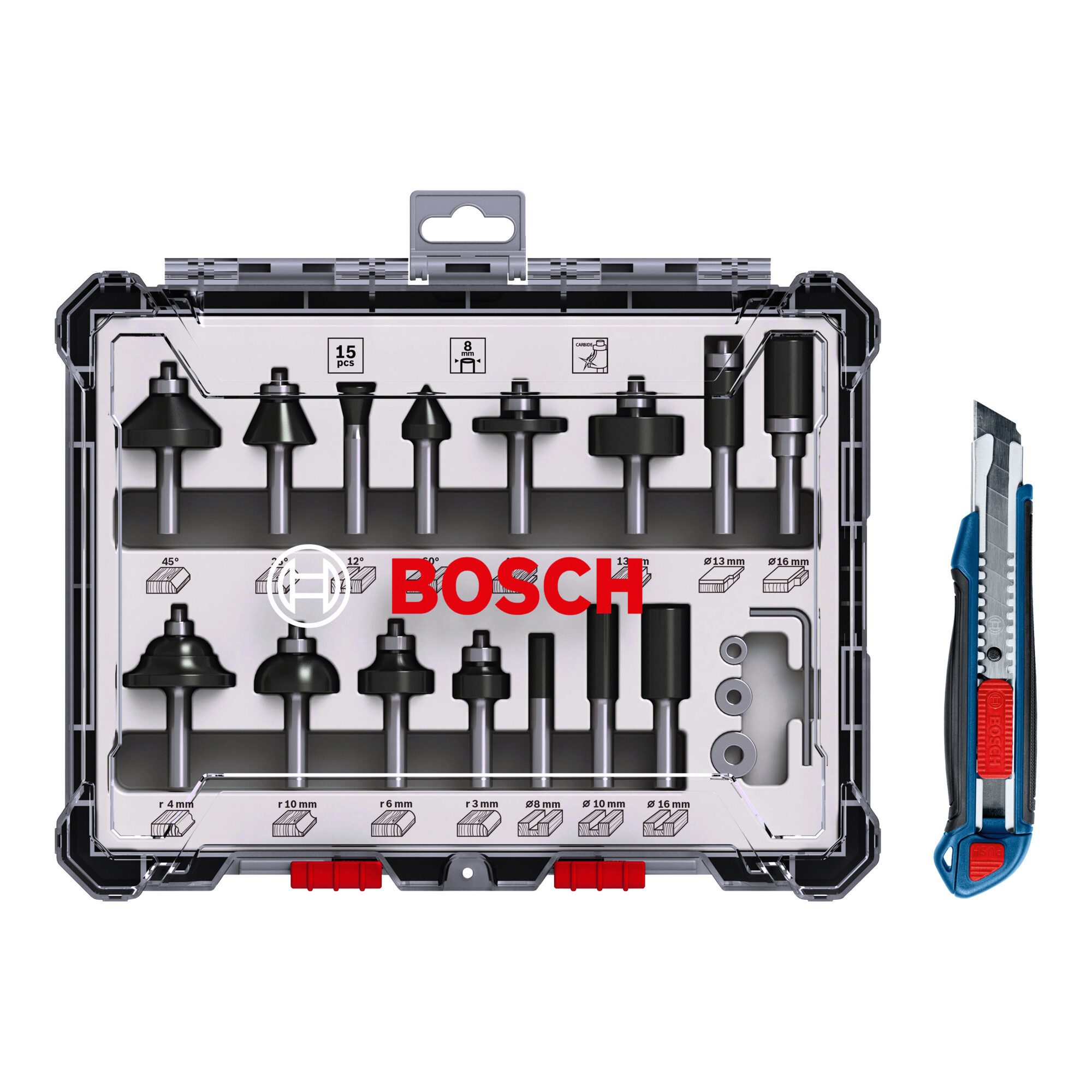 Bosch Professional Fräser-Set Bosch Fräser-Set, 15-teilig, inklusive gratis Cuttermesser