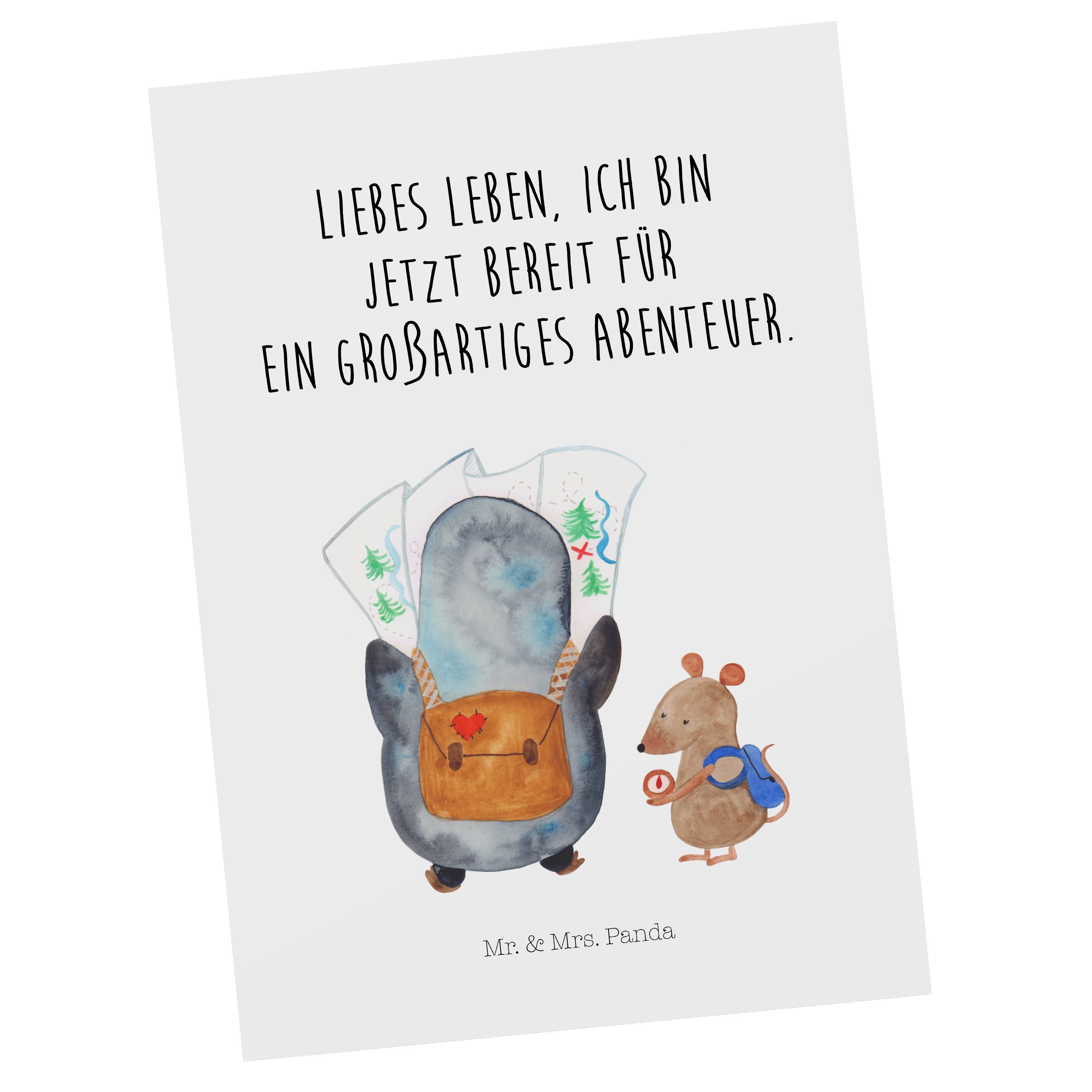 Mr. & Mrs. Panda Postkarte Pinguin & Maus Wanderer - Weiß - Geschenk, Roadtrip, Abenteurer, Dank