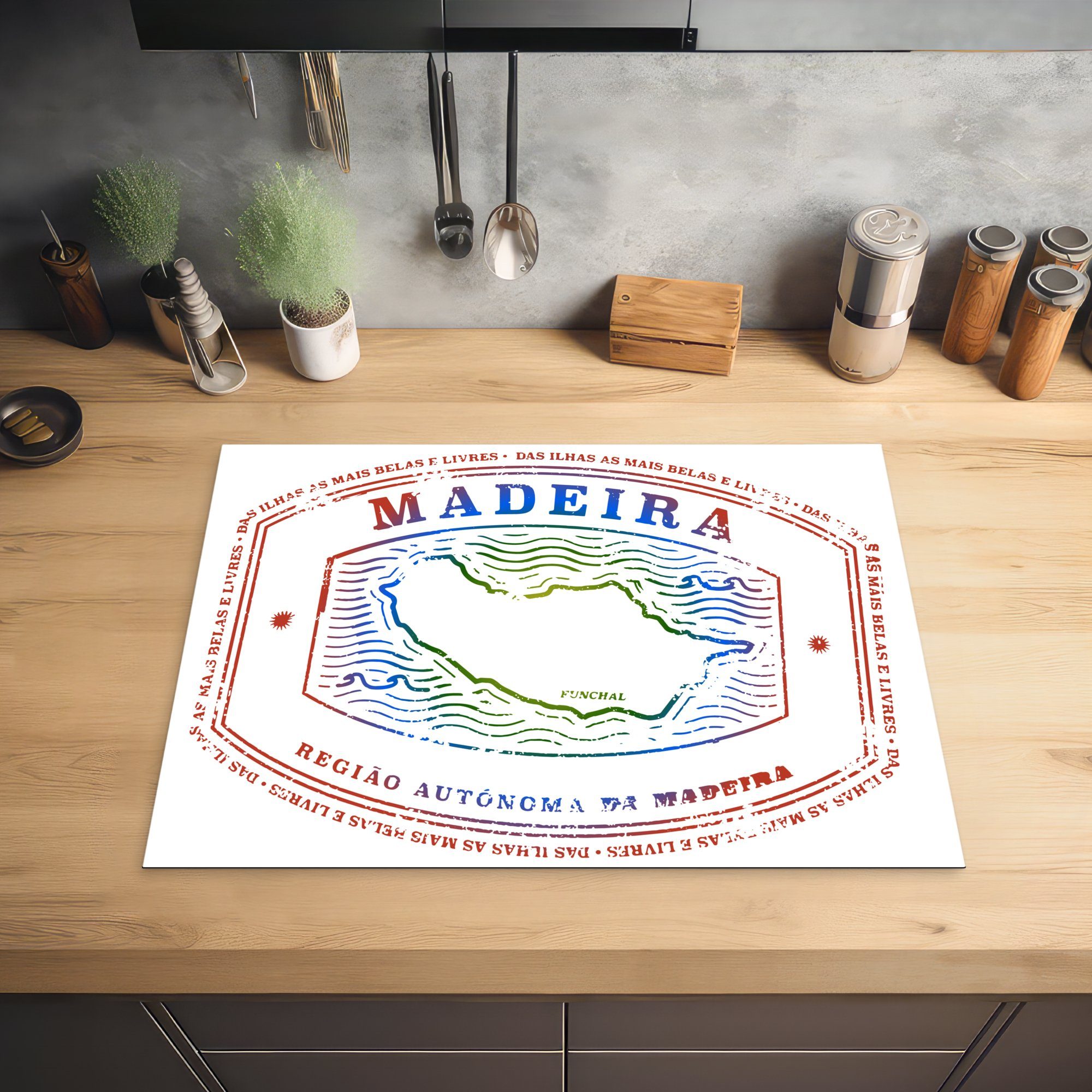 MuchoWow Herdblende-/Abdeckplatte cm, Mobile Madeira, einer nutzbar, tlg), aus (1 Arbeitsfläche Illustration Vinyl, Briefmarke 70x52 Ceranfeldabdeckung