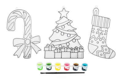 Spetebo Malvorlage Weihnachts Fensterbilder zum Ausmalen (Set, 24-St., Komplettset), Malset mit 3 Bildern inklusive Farben und Pinsel