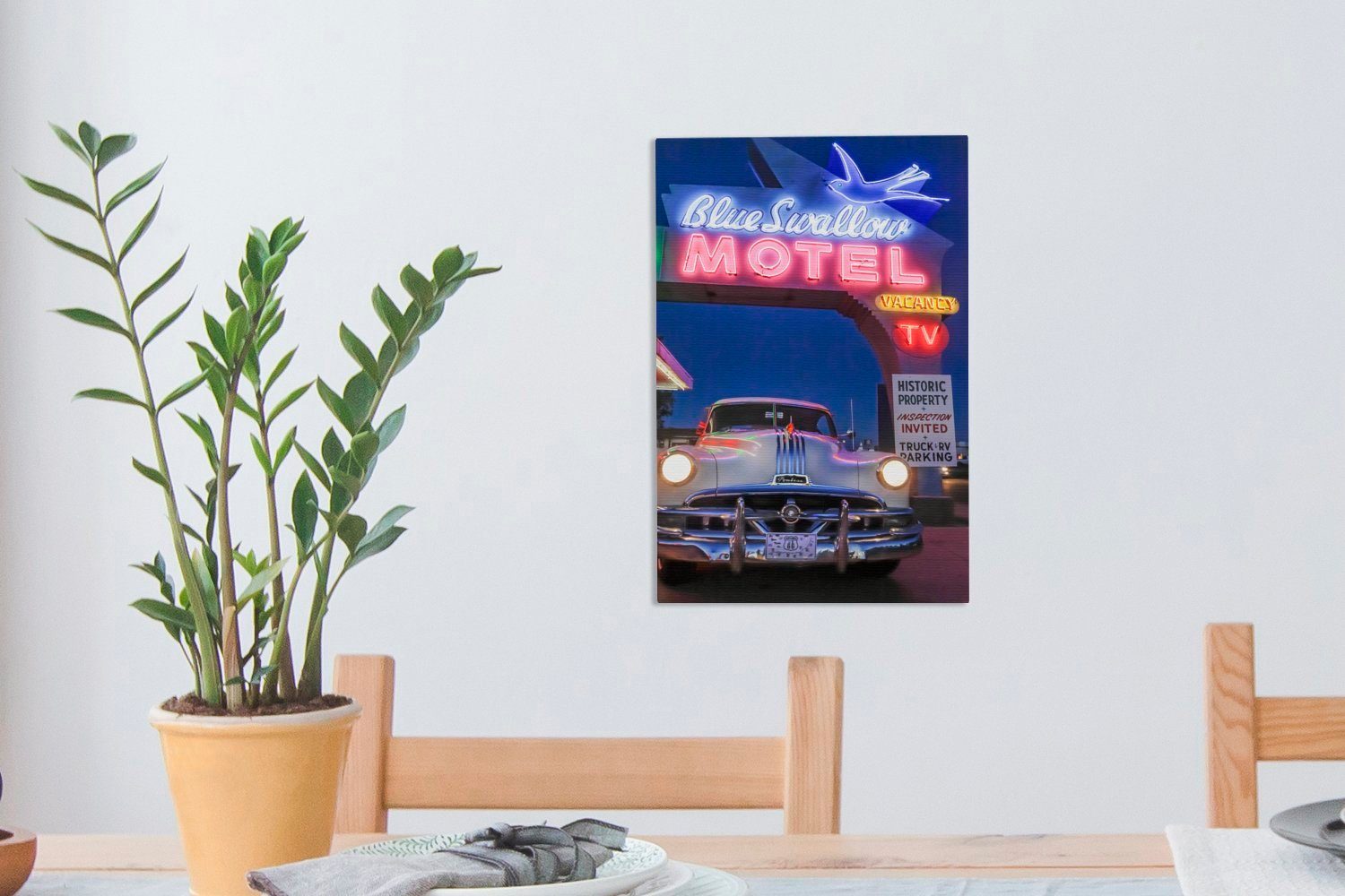OneMillionCanvasses® Leinwandbild Oldtimer Gemälde, cm im Zackenaufhänger, (1 bespannt Motel, fertig Leinwandbild 20x30 St), inkl