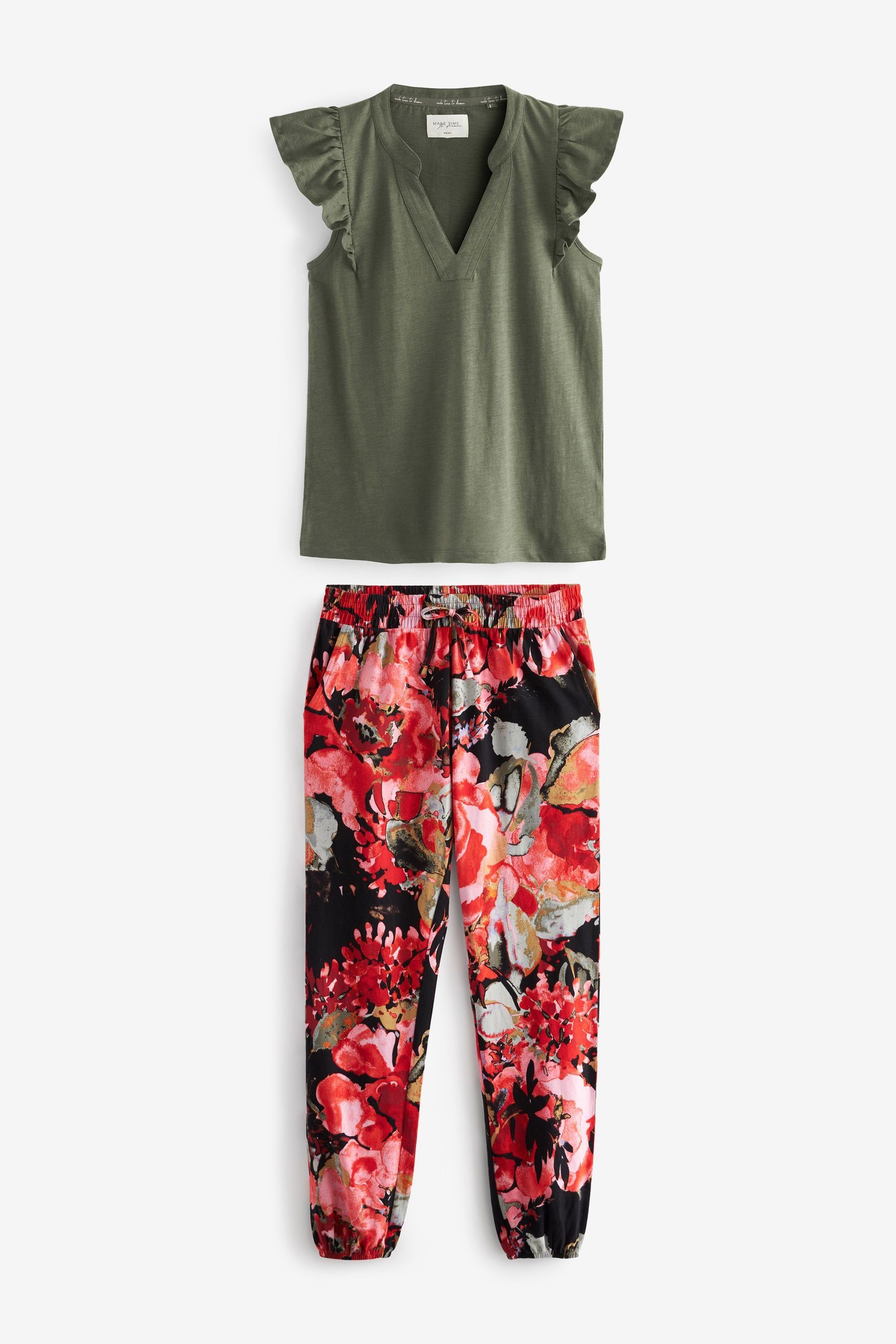 Next Pyjama Pyjama aus Baumwolle (2 tlg) Khaki/Red Floral