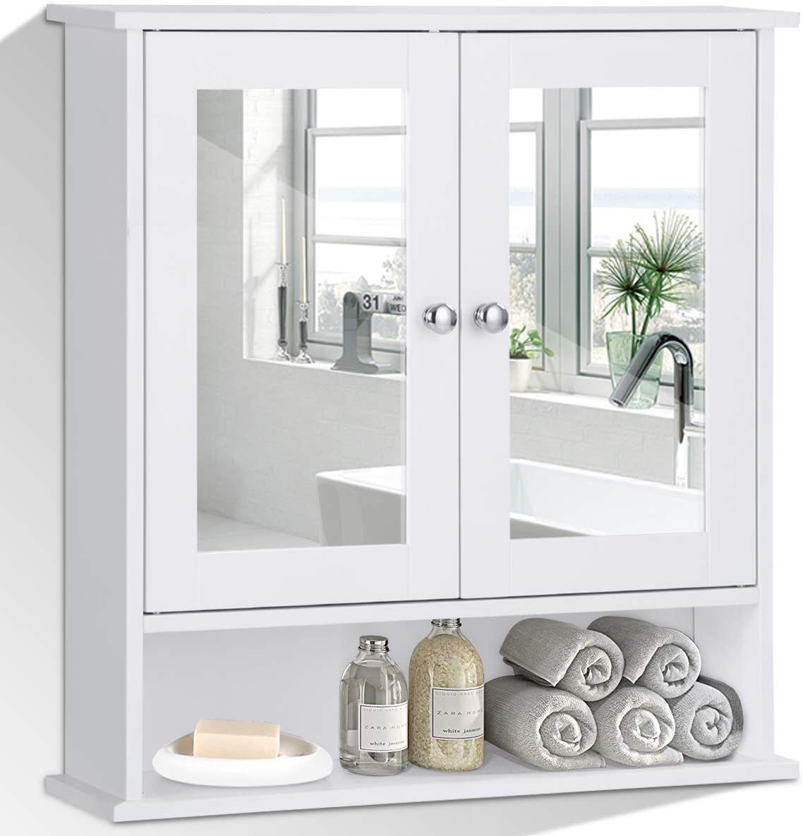 COSTWAY Spiegelschrank Badzimmerschrank mit höhenverstellbarer Ablage weiß