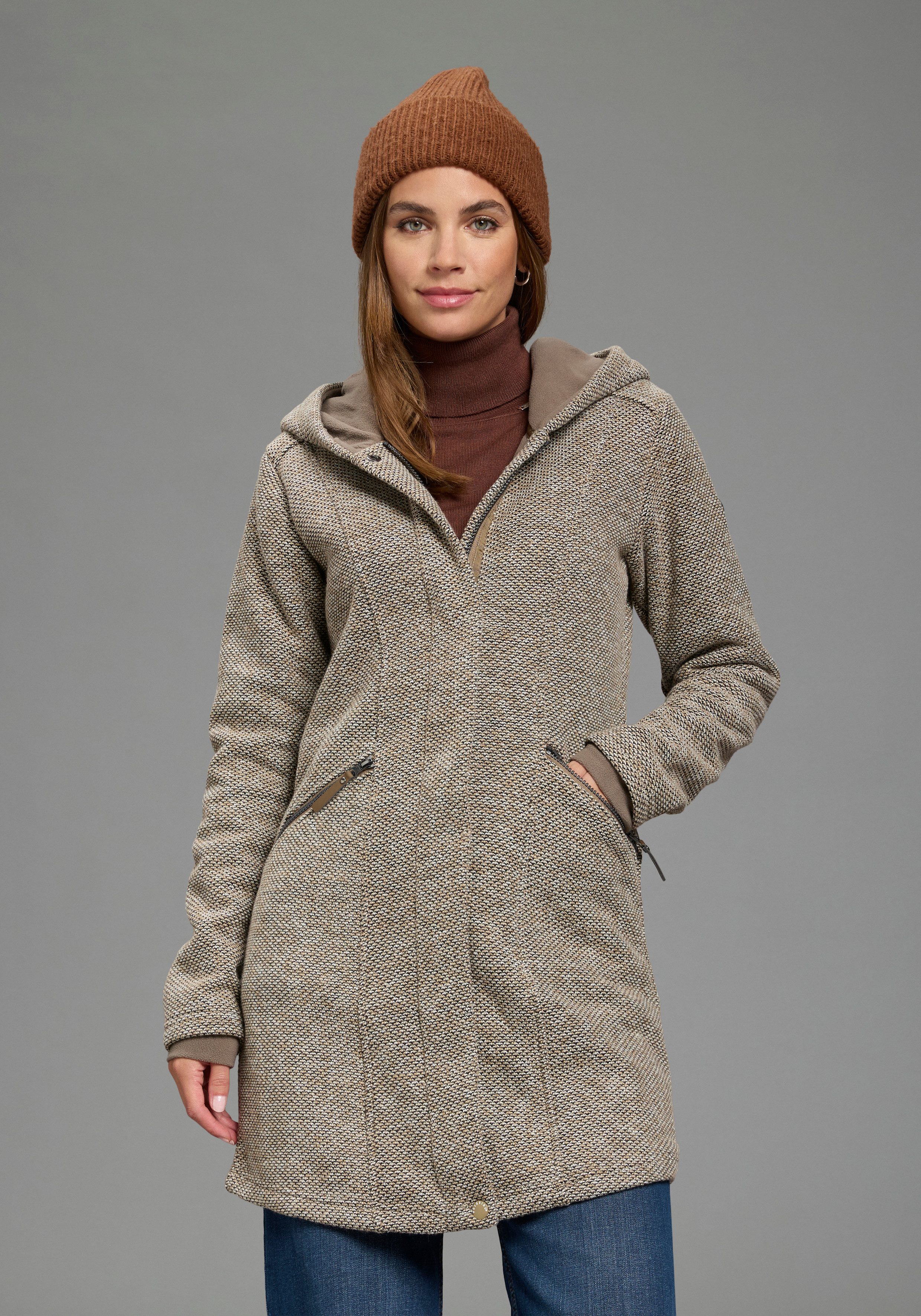 Polarino Strickmantel mit 2-Wege-Reißverschluss, aus Strickfleece, in melierter Tweedoptik