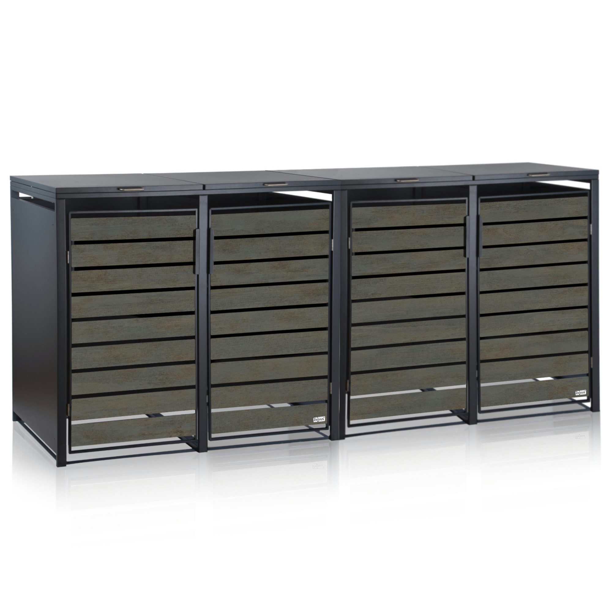 Zelsius Mülltonnenbox für 4 Mülltonnen, Anthrazit RAL7016, Tür in dunkelgrauer Holzoptik