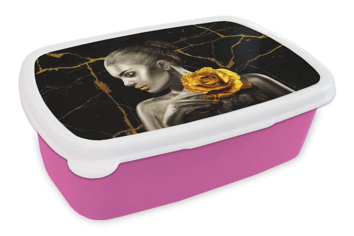 MuchoWow Lunchbox Frauen - Rosen - Gold - Marmor, Kunststoff, (2-tlg), Brotbox für Erwachsene, Brotdose Kinder, Snackbox, Mädchen, Kunststoff rosa