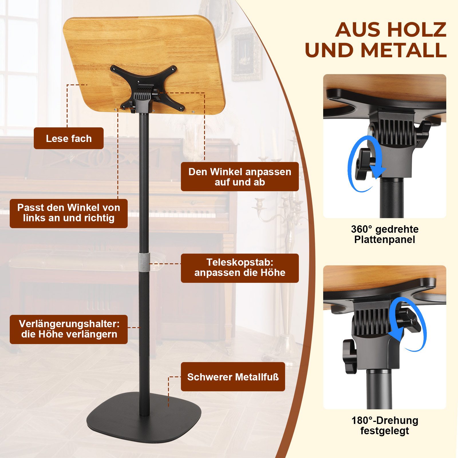 JOYOLEDER Buchstütze Buchständer Höhenverstellbar 50-130cm, Holz Leseständer mit Elastische (Seitenclips, Kochbuchhalter Buch Halterung, zum Lesen für Noten Rezepten iPads Malerei)