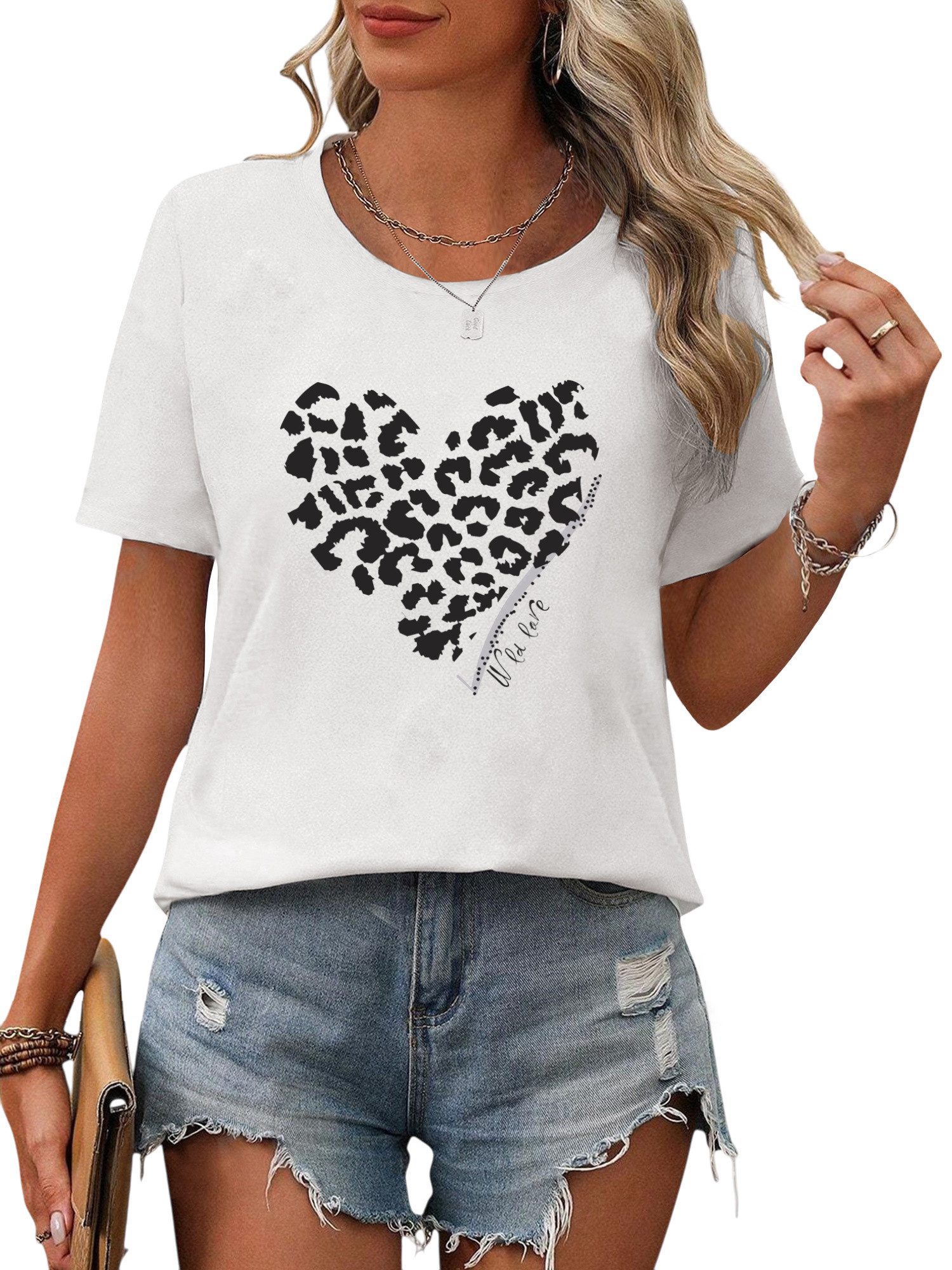 PYLIKE Kurzarmbluse Damen Sommer Casual Kurzarmbluse Leopardenherz Print-Sh günstig online kaufen