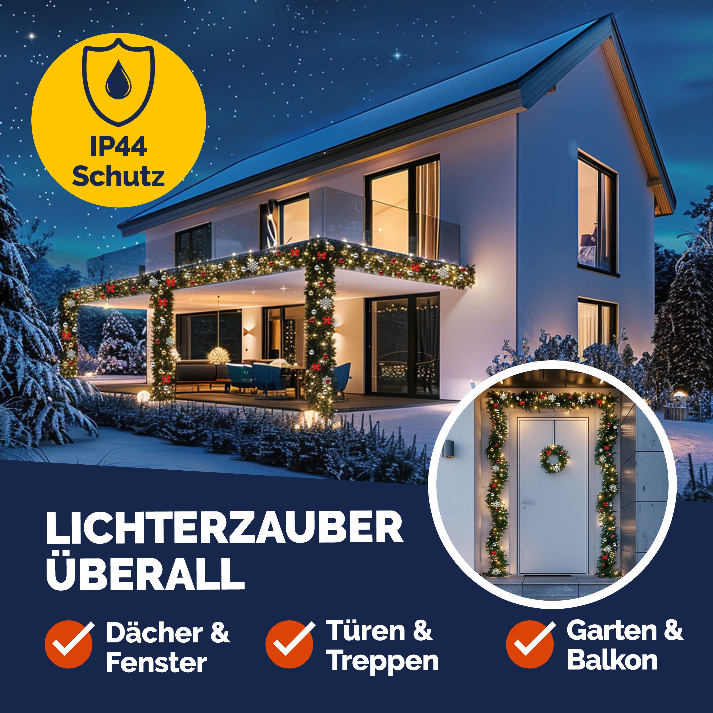 Kunstgirlande, Casaria, Höhe 28 cm, Weihnachtsgirlande Geschmückt 5m 80 LED Warmweiß Innen Außen IP44