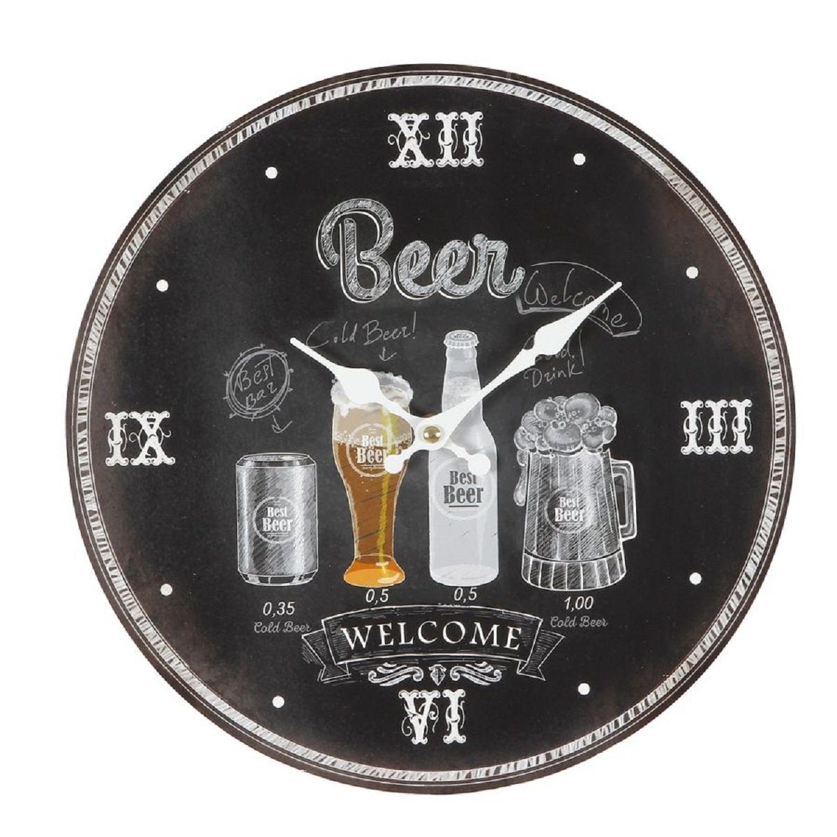 Linoows Uhr Wanduhr mit Bier Motiven, Welcome Partyraum Uhr (Kneipen Uhr mit Bierflaschen, Humpen und Gläser Motiven, Partyraum Uhr)