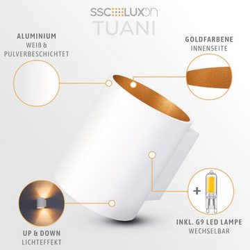 SSC-LUXon LED Wandleuchte TUANI Wandlampe weiß gold Up & Down mit G9 LED 2W warmweiß, Warmweiß