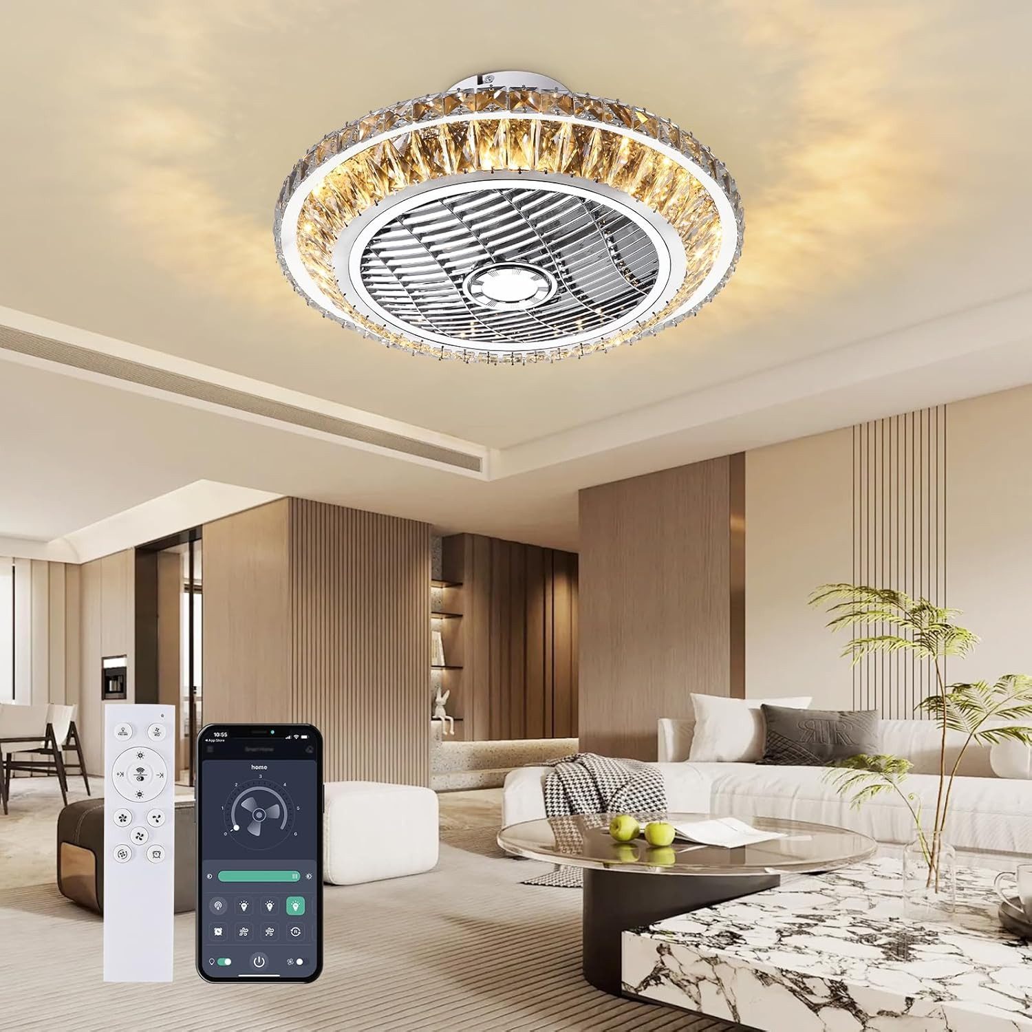 RRBEST Deckenventilator LED Deckenventilator, Leise Kristall Ventilator Kronleuchte, 72W Moderne Fan Deckenlampe mit Fernbedienung