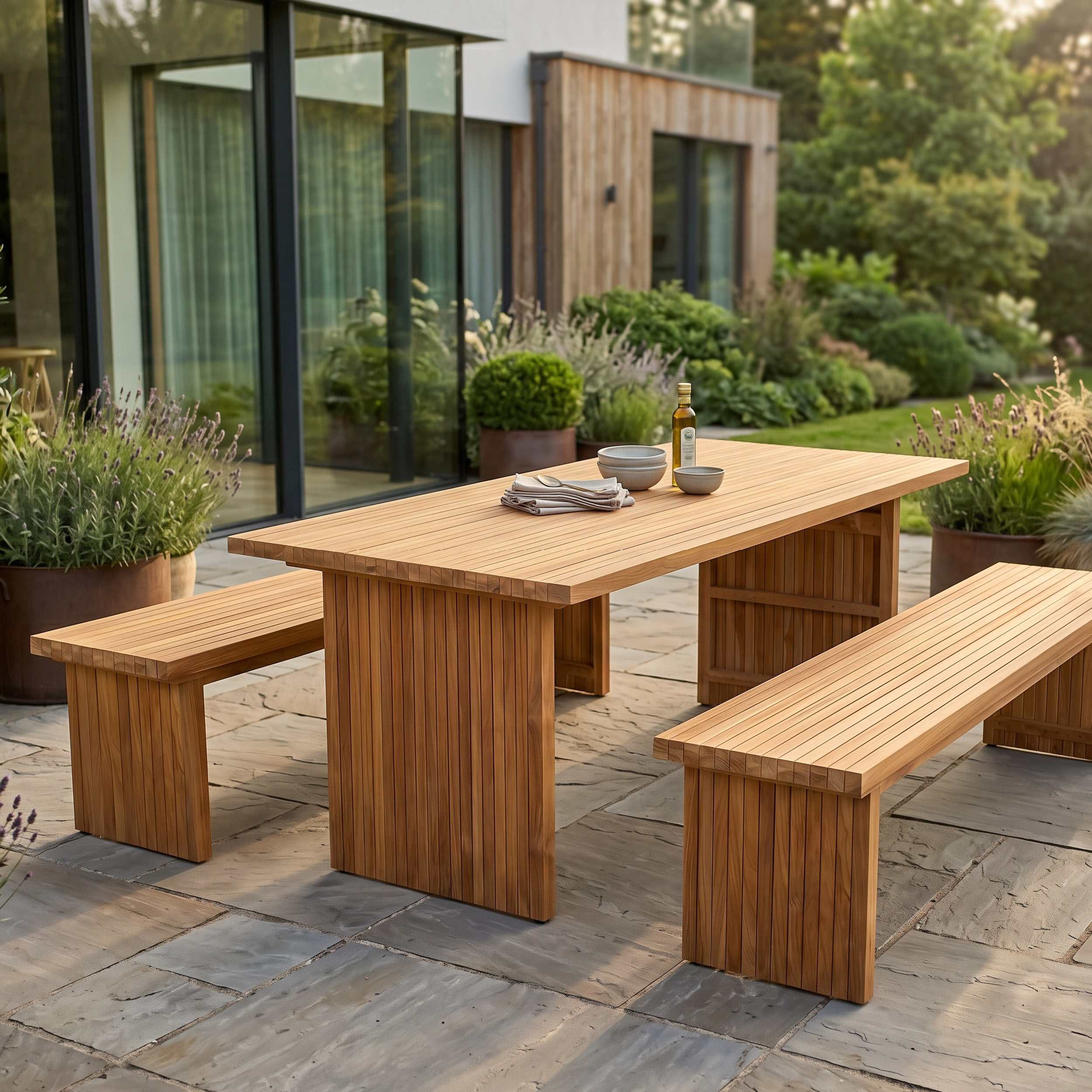 MR.DEKO Garten-Essgruppe Gartenmöbelset Essgruppe Teakbank Ashford & Tisch Ashford, (Gartenmöbelset mit Tisch und 2 Sitzbänken, 3-tlg., 1 Gartentisch und 2 Gartenbänke für bis zu 6 Personen), Gartenmöbelset Teak Sitzgruppe mit Tisch und 2 Bänken für 6 Personen