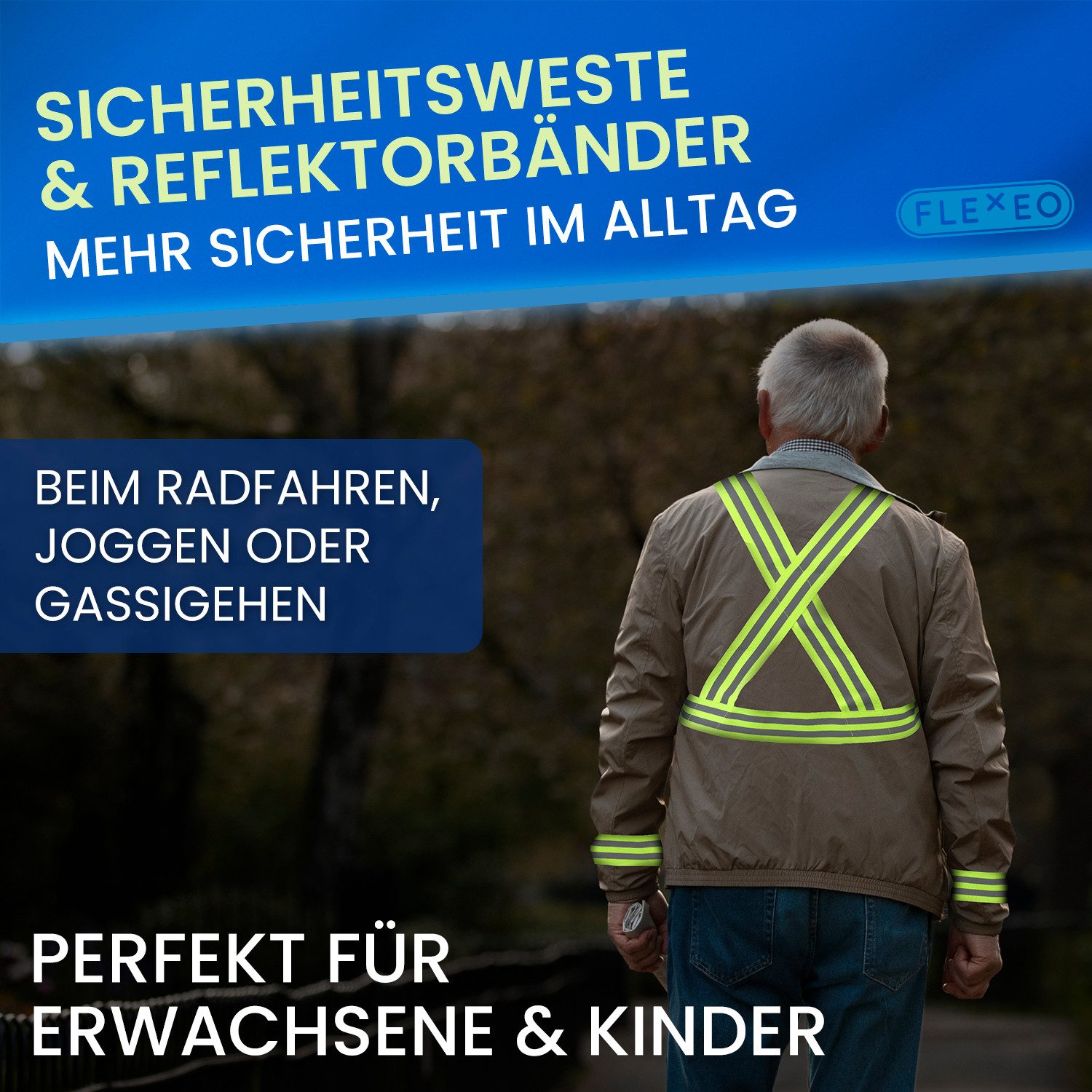 FLEXEO Reflektorband Warnweste und 4 Reflektorbänder, (1 St), verstellbare Signalkleidung für Joggen Radfahren Wandern, gelb