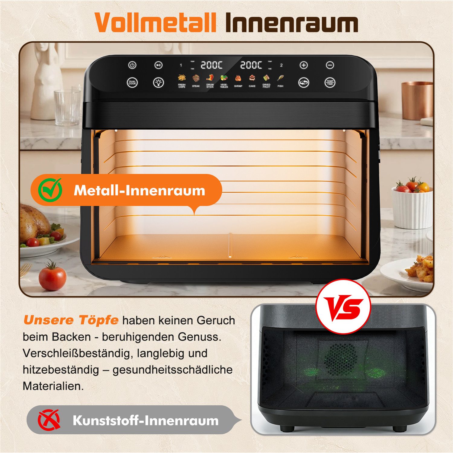 Fukstern Heißluftfritteuse Heißluftfritteuse XXL 10L – 2-Zonen Air Fryer mit Sichtfenster, Touchscreen & Metall-Innenraum, 2400 W, Herausnehmbare Trennwand, 8-in-1, separate Temperatur – Pizza