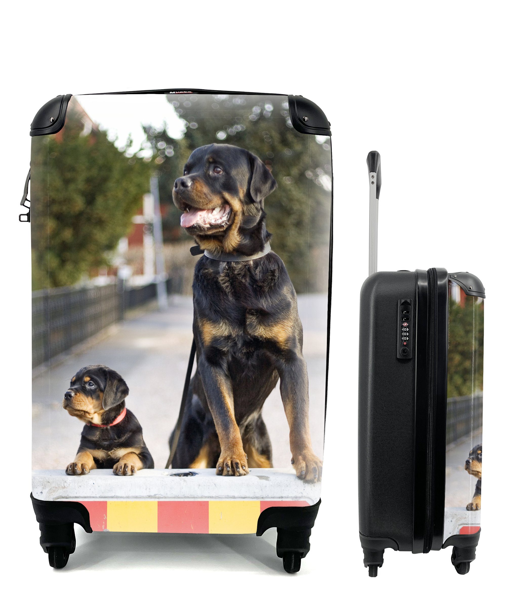 MuchoWow Handgepäckkoffer Rottweiler-Welpe neben einem erwachsenen Rottweiler, 4 Rollen, Reisetasche mit rollen, Handgepäck für Ferien, Trolley, Reisekoffer