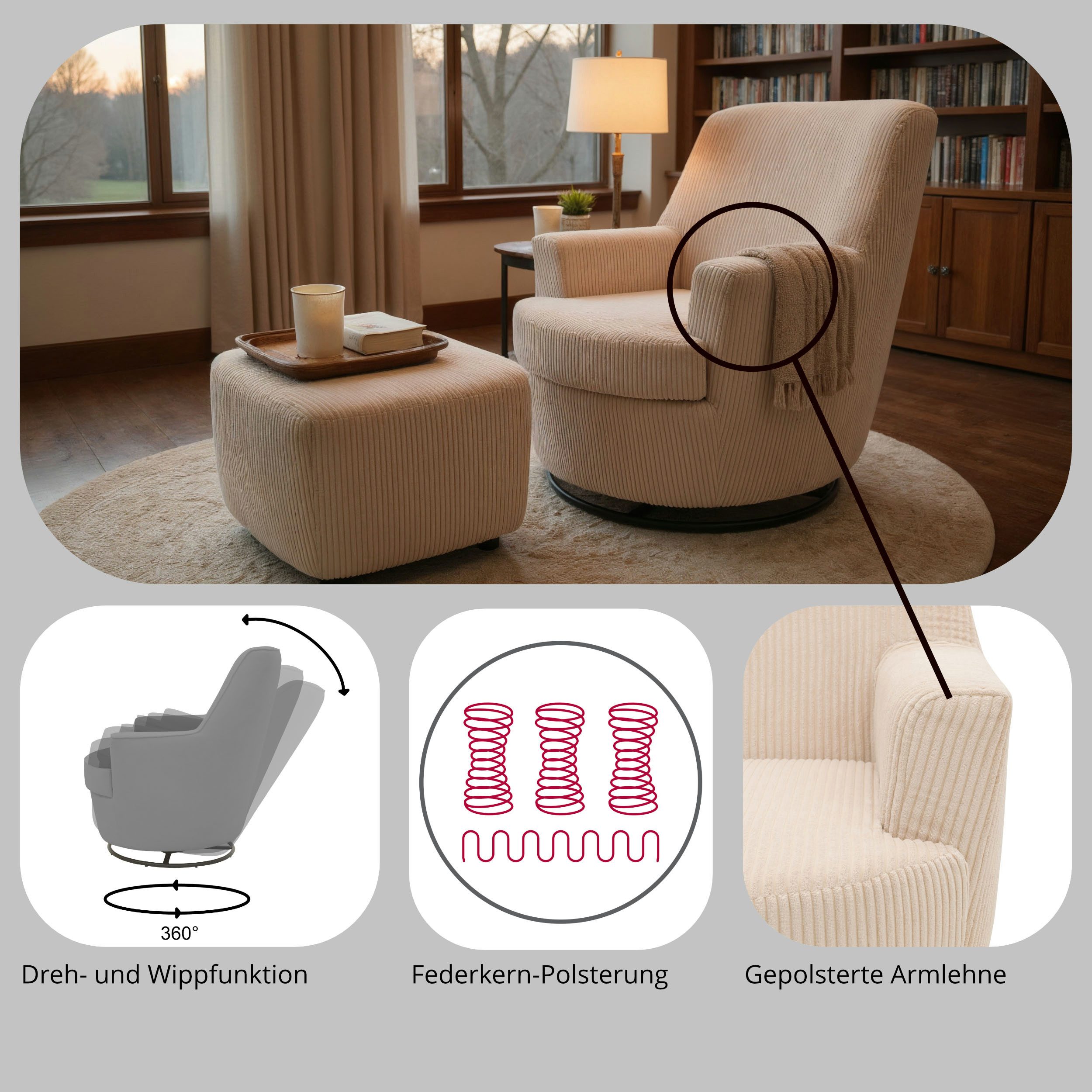 Home affaire Drehsessel HETTY, Drehsessel mit Wippfunktion, Lese-Sessel in Cord und Microfaser (1-St), mit Federkern, auch im Set mit passendem Hocker