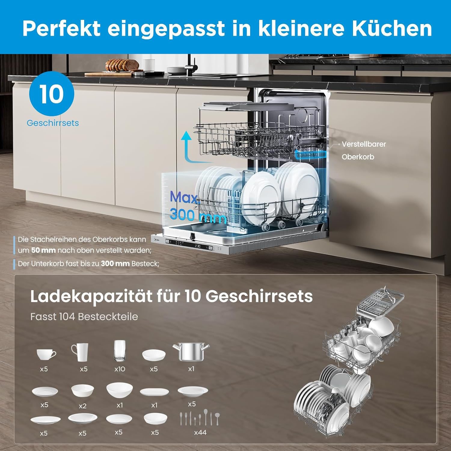 Midea vollintegrierbarer Geschirrspüler MDWEB1014K, 9 l, 10 Maßgedecke