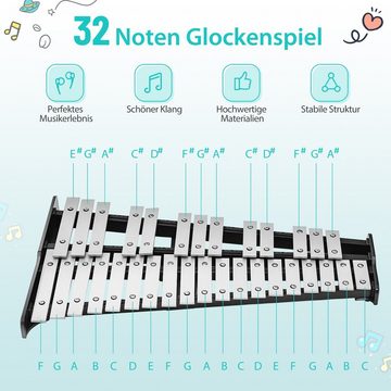 COSTWAY Xylophon 32 Tönen Glockenspiel, mit verstellbarem Ständer, 20cm Übungspad, Schlägeln, Tragetasche