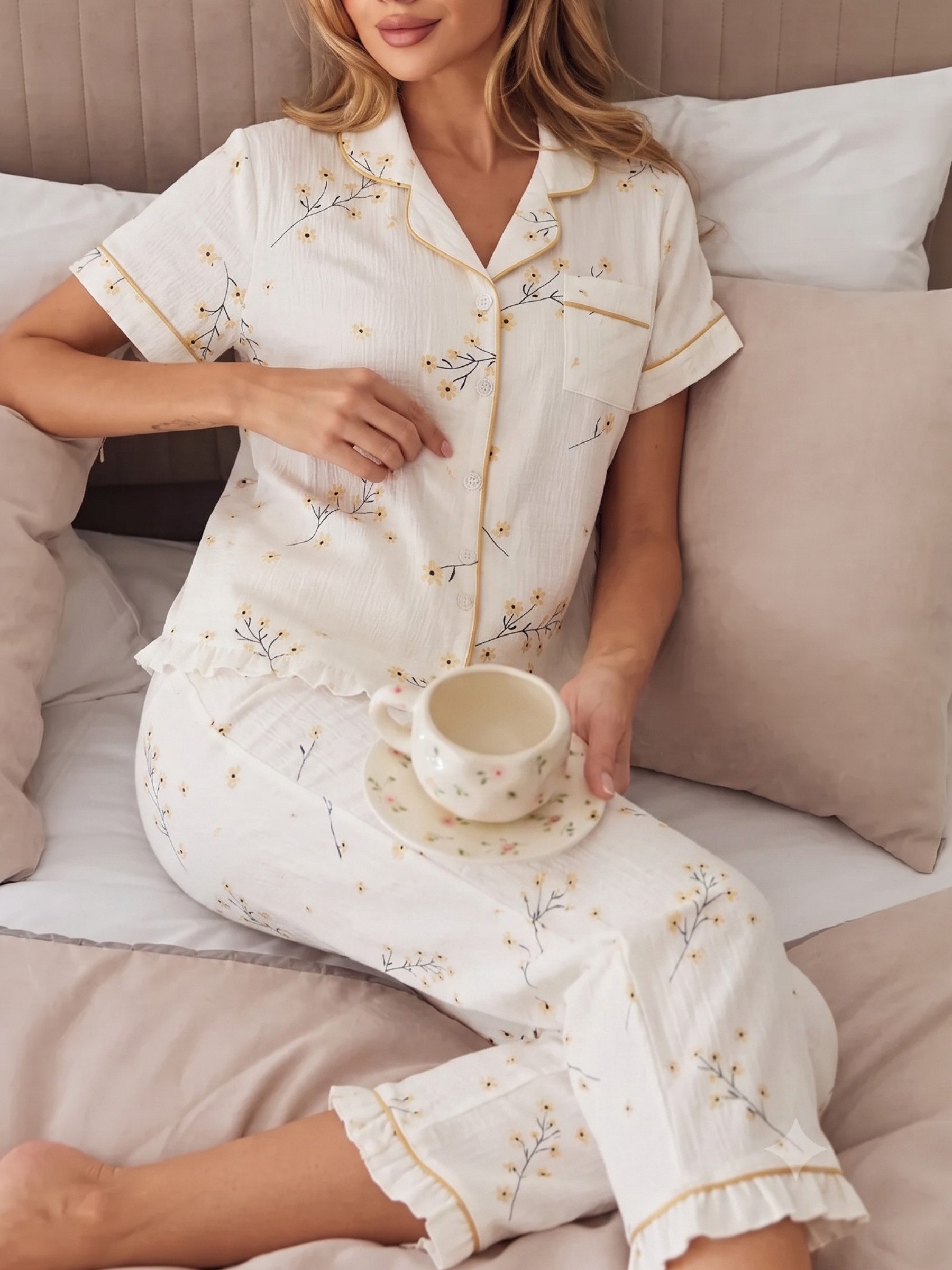 Elegant Love Pyjama Damen-Nachtwäsche – Schlafanzug mit Reverskragen (Set, 2 tlg., Kurzarmoberteil und lange Schlafhose) Loungewear – Hausanzug mit Brusttasche und Relaxhose