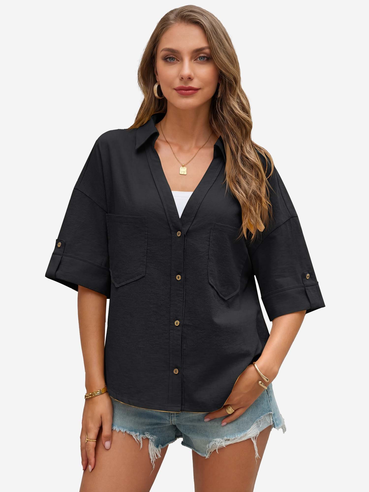 Imily Bela Blusenshirt Damen mit tirfem V-Ausschnitt Knopfleiste Brusttaschen Halbarm (Packung, 1-tlg., 1per-Pack) Schultern überlappend in Unifarbe