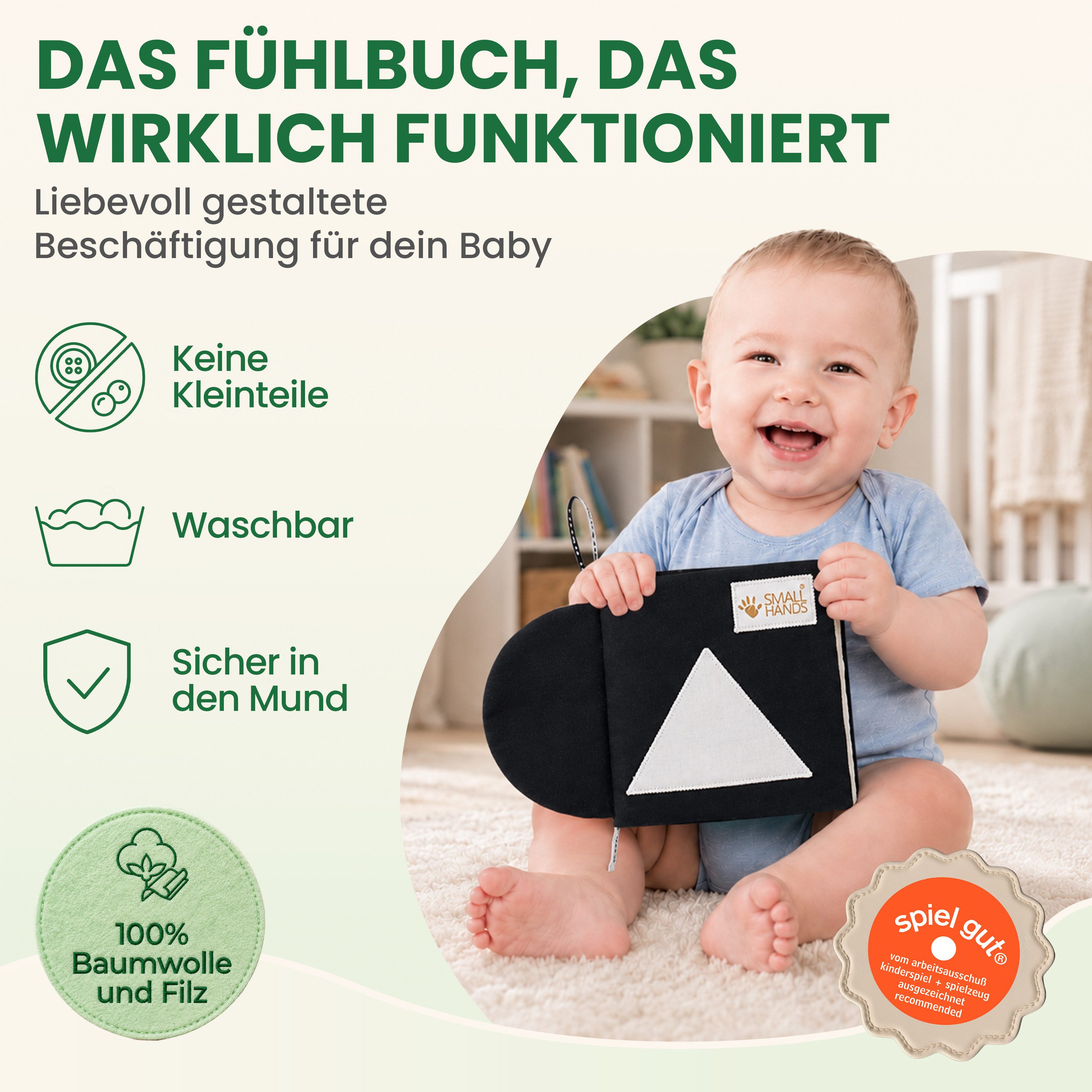 My First Book Stoffbuch Small Hands, Kontrastbuch Schwarz-Weiß, 0-3 Monate, Sinnesförderung, Kontrastbuch Schwarz-Weiß Fühlbuch, Montessori ab 0 Monate