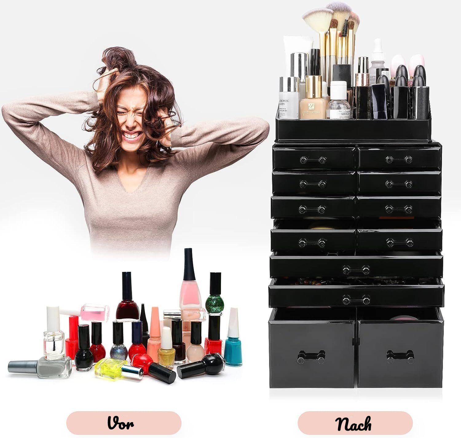Make-Up TLGREEN Organizer mit Kosmetik 12 Makeup Aufbewahrungsbox Schwarz Organizer Schubladen