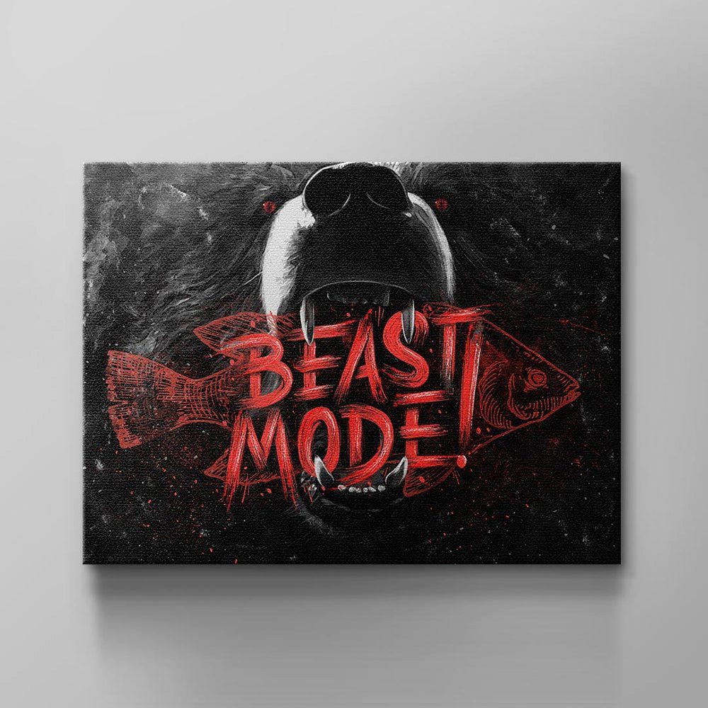 schwarz Motivation Wandbild Mode Bär Bear schwarzer grau Leinwandbild Beast Mode Fisch rot Bear, Rahmen Beast DOTCOMCANVAS®