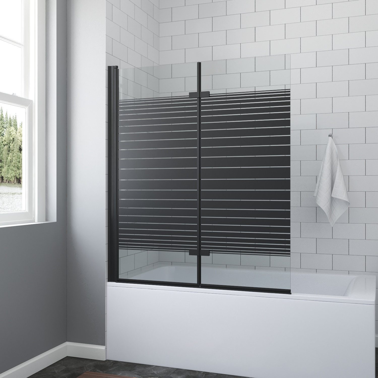 AQUALAVOS Badewannenaufsatz 120x140 cm Badewannenfaltwand 2 Teilig faltbar Duschtrennwand Faltwand, 5 mm Einscheiben-Sicherheitsglas (ESG) mit Nano Beschichtung, schwarz Dekor Barcode, Faltbar und schwenkbar 180°, ohne bohren
