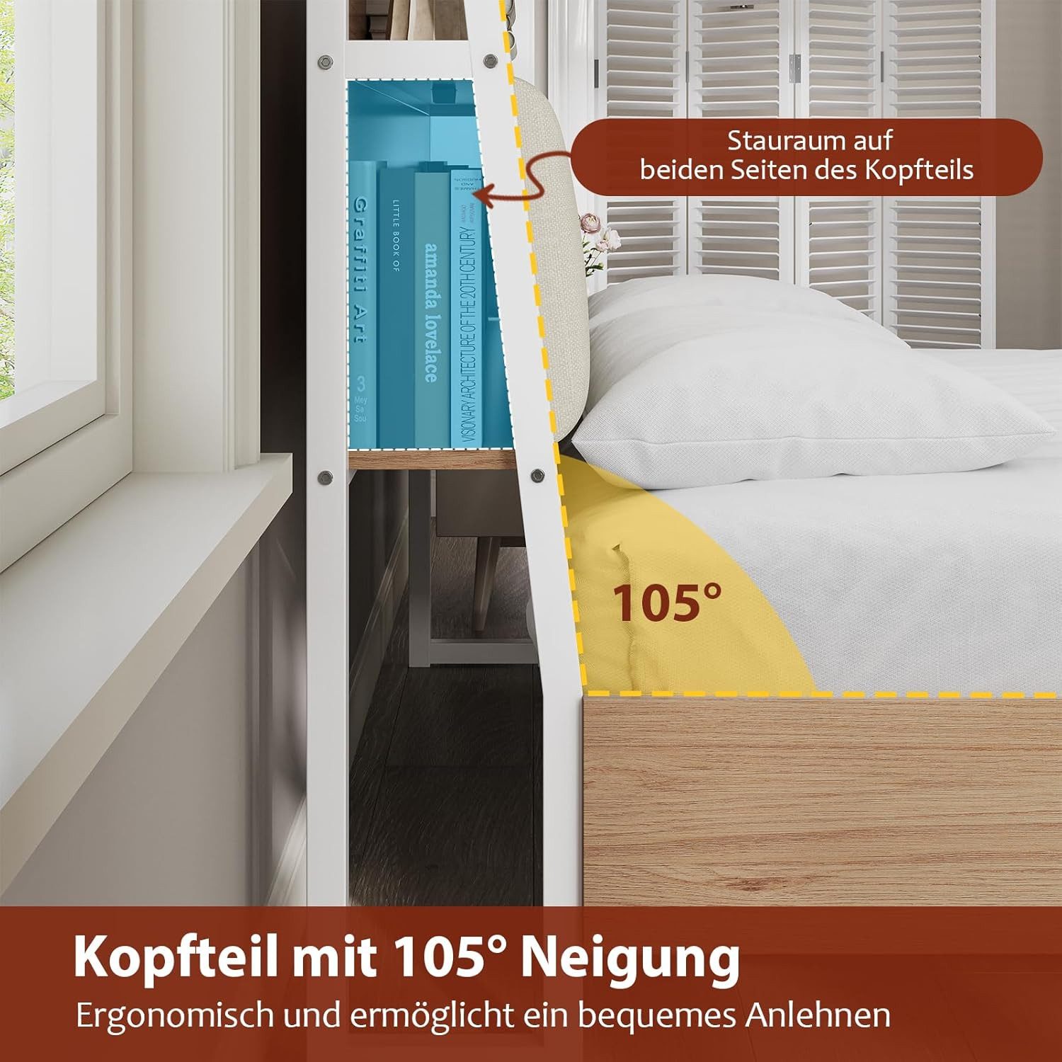KIMENICH Metallbett Bettgestell mit Ladestation und 2 Schubladen, Jugendbett (1-tlg., Ohne Matratze), 140x190cm, Weiß + Natur – Bild 5 von 5