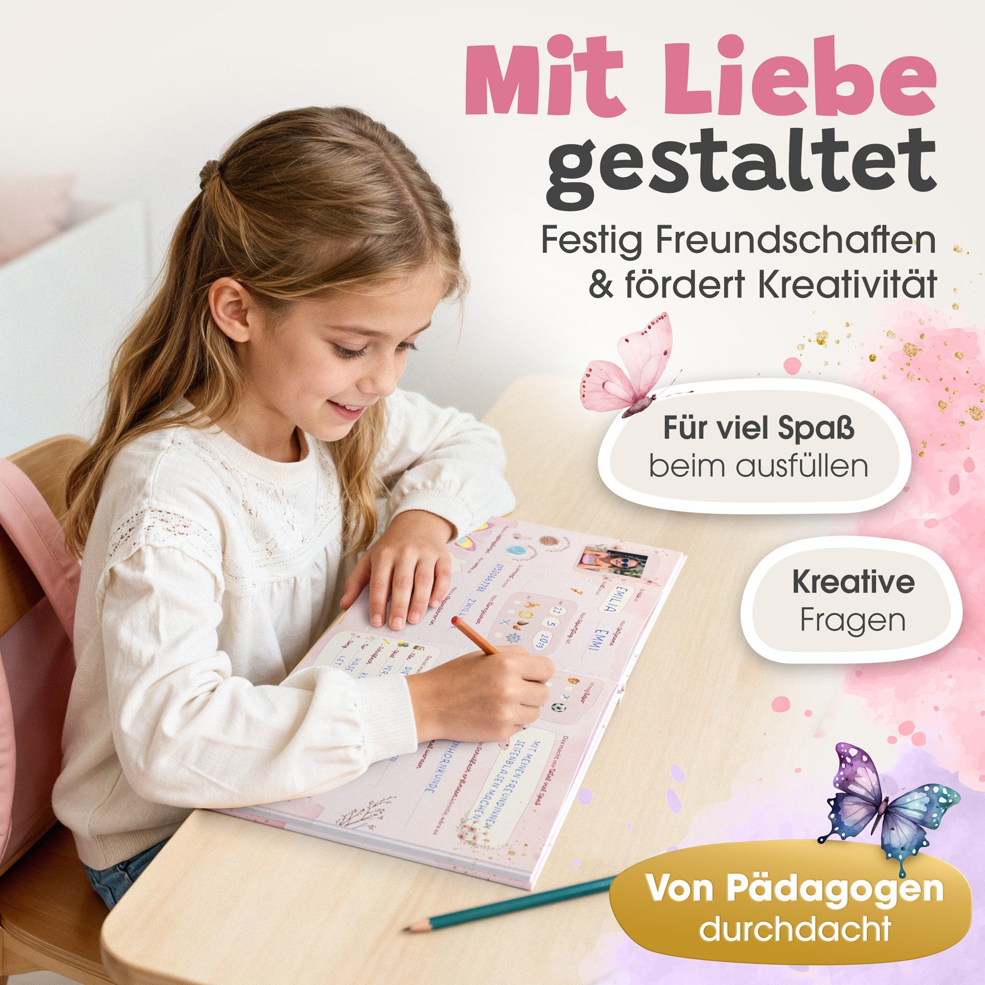 Eulentaler Freundebuch für Mädchen (Schule) I von Pädagogen gestaltet, Schmetterlinge, Blumen & Goldprägung, Geschenk für Schulkinder – Bild 4 von 5