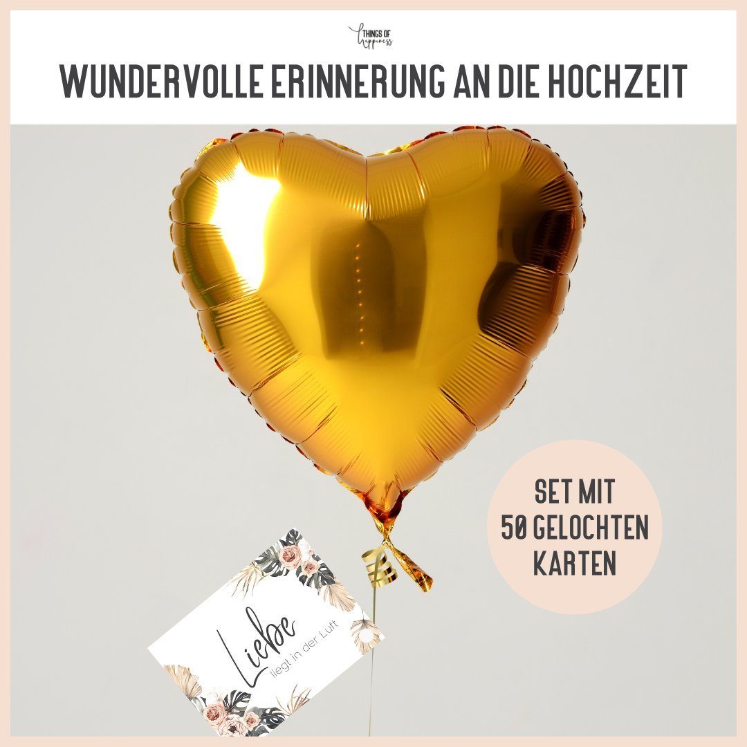 Things of Happiness Grußkarten 50 Stück Ballonkarten Hochzeit, Ballonflugkarten als Hochzeitsspiel, im Boho Stil, Postkarten Luftballons, extra leicht