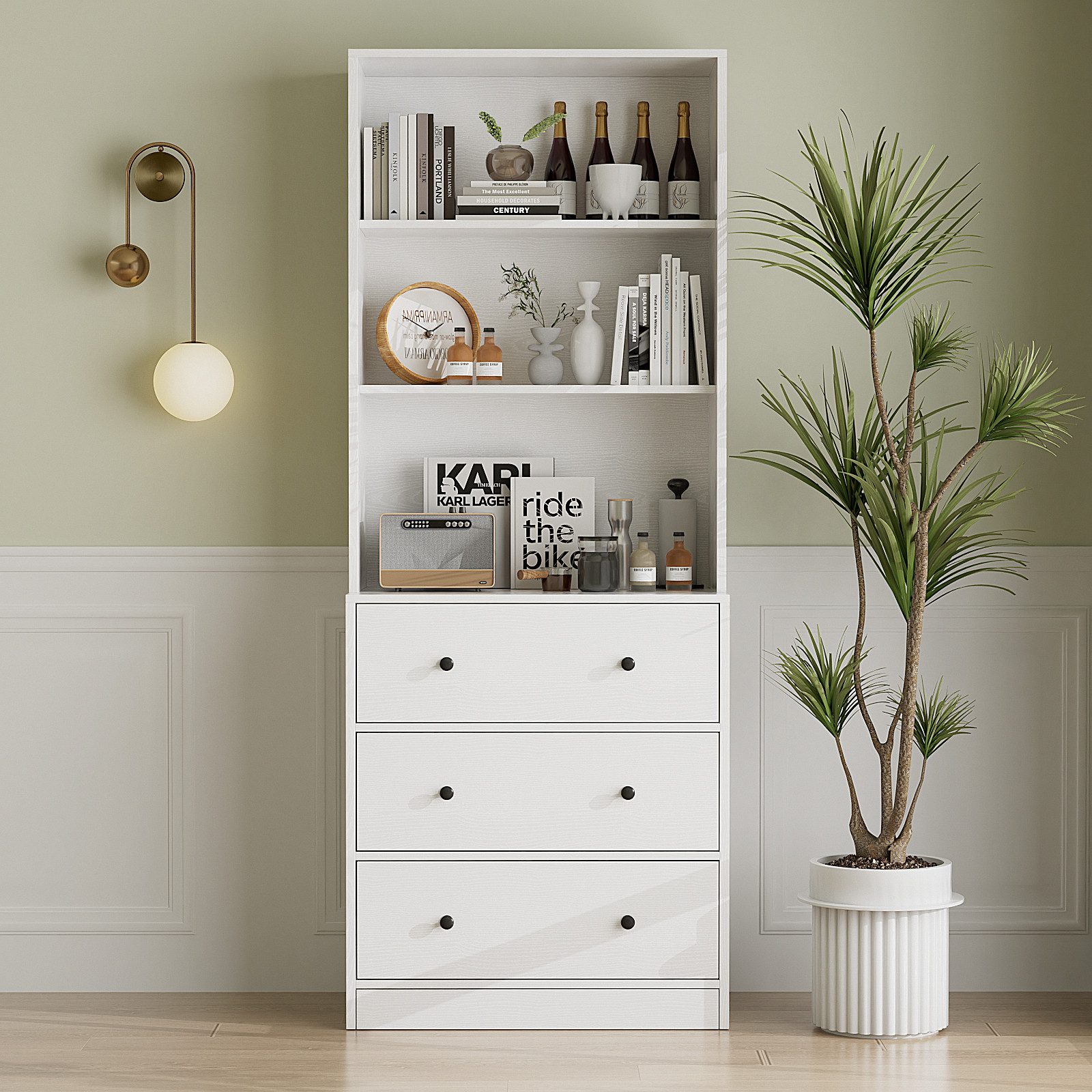 VOWNER Bücherregal 5-stöckiges Bücherregal mit Glastüren, 180 cm Vitrinenschrank, 1-tlg., Küchenschränke, Buffetschrank für Küche, Wohnzimmer, Esszimmer, Weiß