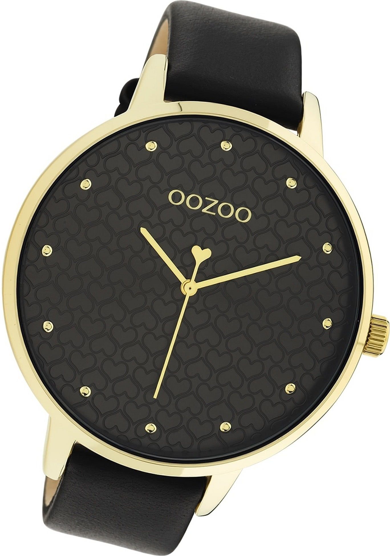 OOZOO Quarzuhr Oozoo Damen Armbanduhr Timepieces, schwarz, Damenuhr extra rundes Lederarmband groß Gehäuse, (ca. 48mm)