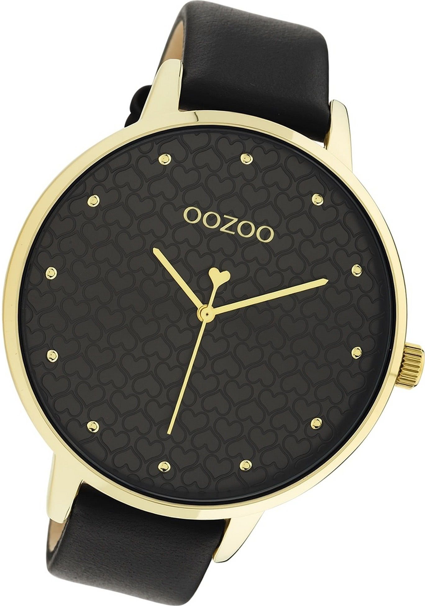 OOZOO Quarzuhr Oozoo Damen Armbanduhr Timepieces, Damenuhr Lederarmband schwarz, rundes Gehäuse, extra groß (ca. 48mm)