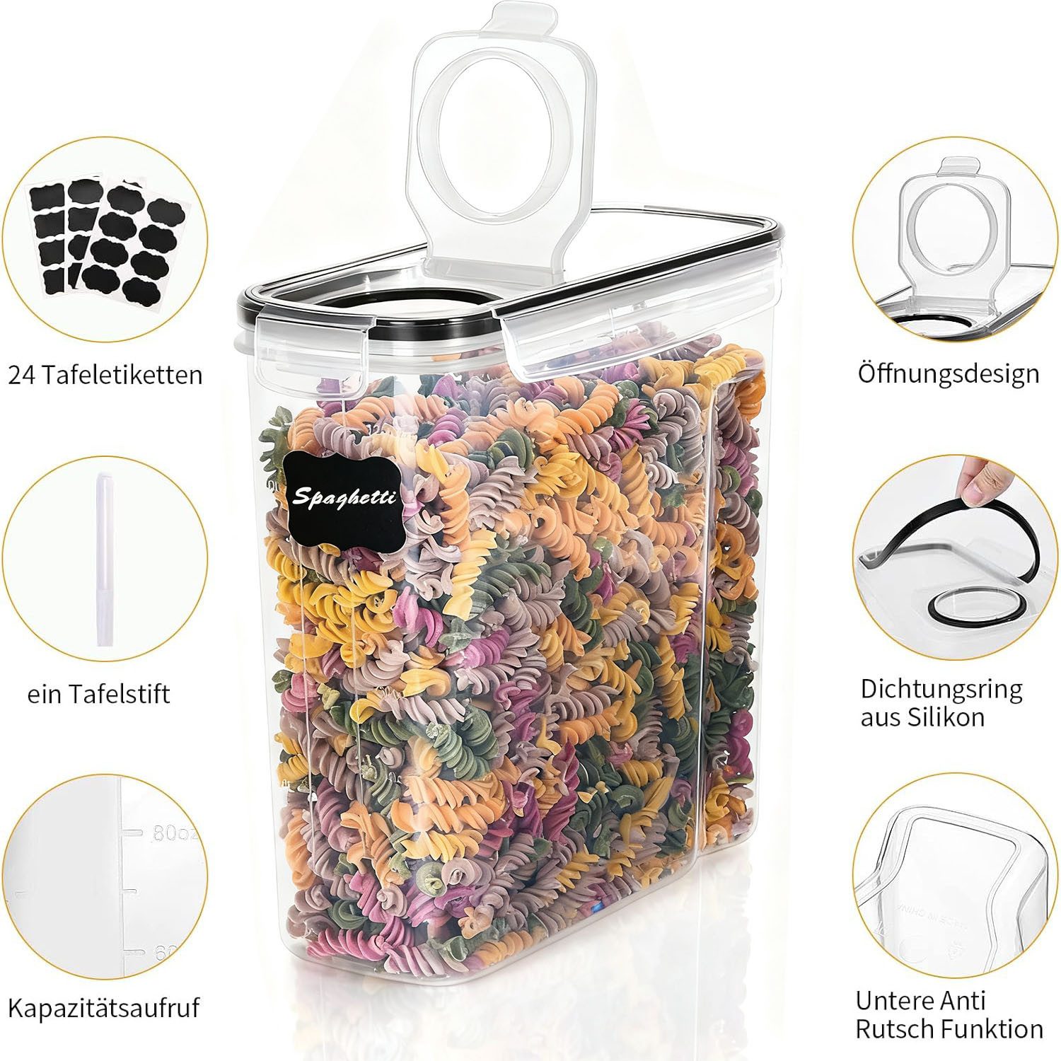SURFOU Vorratsdose Vorratsdosen mit Deckel Luftdicht Küchen Organizer Frischhaltedosen 4L, Kunststoff, (4er Set Spaghetti-Box–Müslibehälter, Getreidebehälter, Mehlbehälter, Zuckerdose, Keksdose, Vorratsdosen mit Deckel luftdicht, BPA-frei, Lebensmittelechtes Material, stapelbar & mit Etiketten + Stift, 4-tlg., Aufbewahrungsbox Küche für Müsli, Cornflakes, Mehl & Zucker), Großes Fassungsvermögen, Platzsparend stapelbar