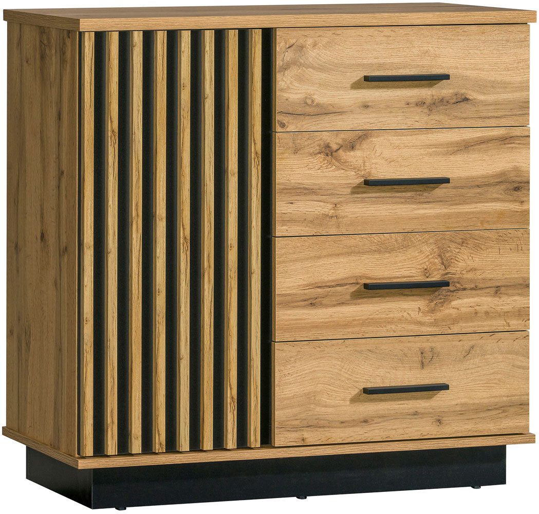 Feldmann-Wohnen Kommode Lamia (mit Schubladen, mit Tür, 1 St., moderne Optik, mit Tür, mit Schubladen), 90x40x88cm Eiche Wotan / schwarz 1-türig