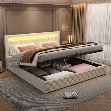 Celya Polsterbett 180 x 200 cm LED Funktionsbett mit flachen Nudeln und Stauraum, Lagerung unter dem Bett, Tufting