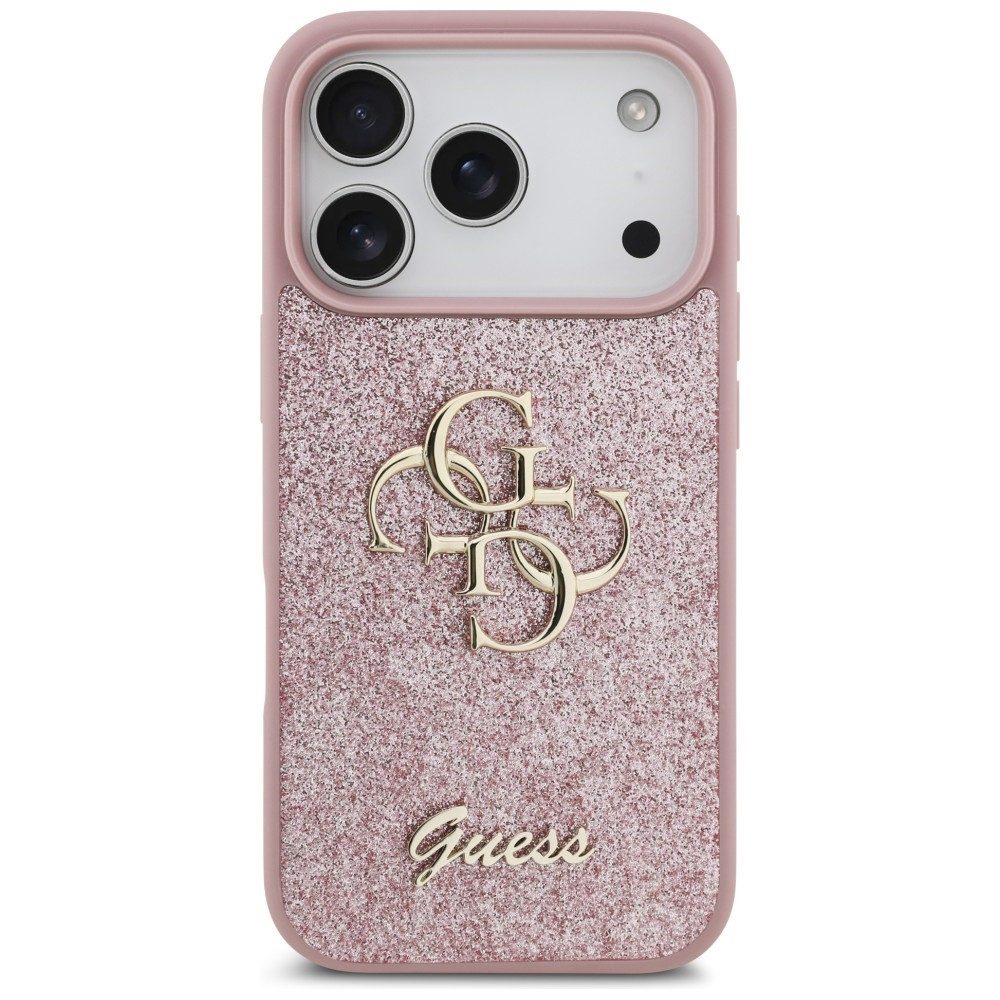 Guess Smartphone-Hülle Fixed Glitter Big 4G kompatibel mit iPhone 18 Pro, 17 Pro Rosa 6,3 Zoll, Glitzernde Rückseite mit großem Metalllogo