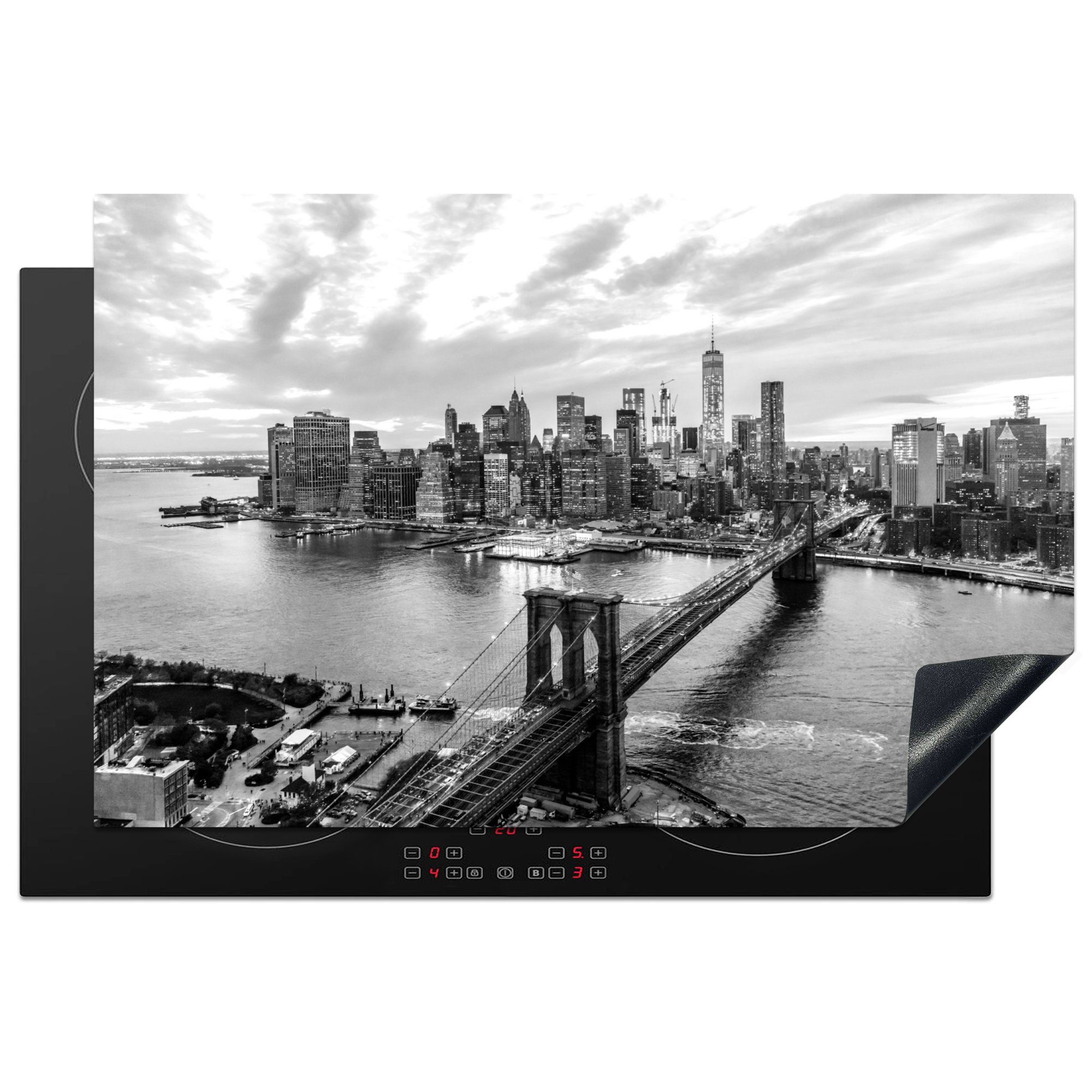 MuchoWow Herdblende-/Abdeckplatte New York - Brooklyn - Brücke - Schwarz - Weiß, Vinyl, (1 tlg), 81x52 cm, Induktionskochfeld Schutz für die küche, Ceranfeldabdeckung