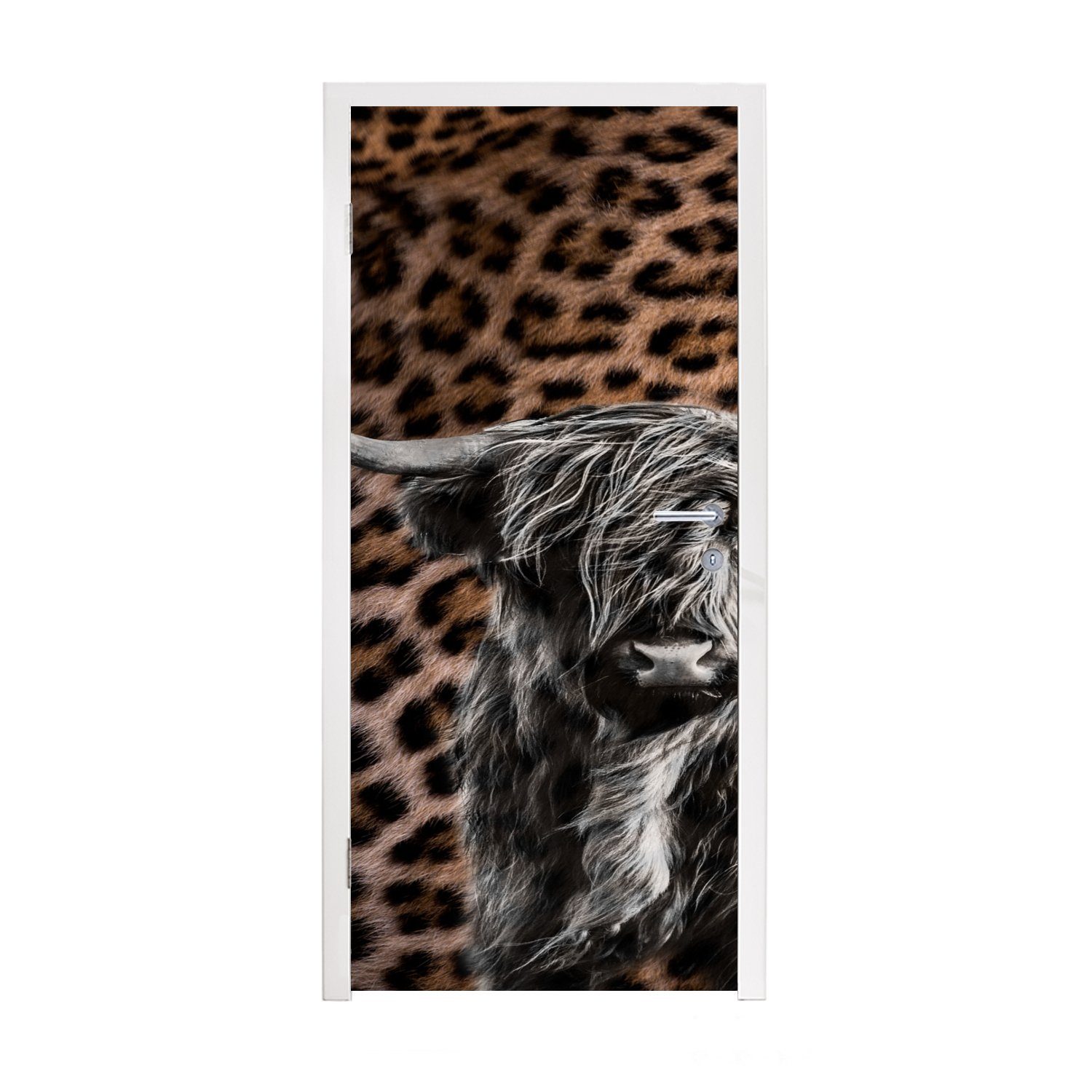 MuchoWow Türtapete Pantherdruck - Schottischer Highlander - Schwarz - Weiß, Matt, bedruckt, (1 St), Fototapete für Tür, Türaufkleber, 75x205 cm