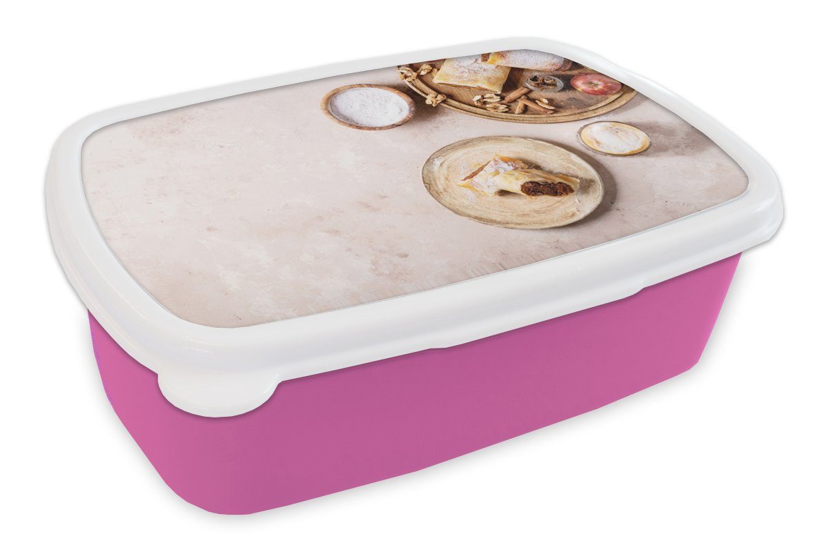 MuchoWow Lunchbox Gebäck - Gewürze - Obst - Apfelstrudel, Kunststoff, (2-tlg), Brotbox für Erwachsene, Brotdose Kinder, Snackbox, Mädchen, Kunststoff rosa