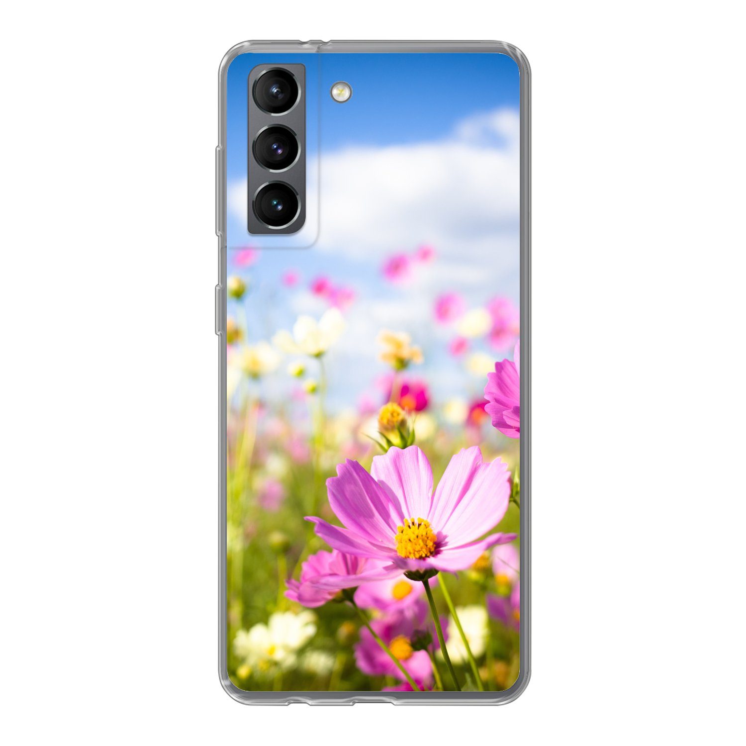 MuchoWow Handyhülle für Samsung Galaxy S21 Blumen - Wiese - Lila - Gras - Weiß - Wolken -, Phone Case, Silikon, Schutzhülle Dünn