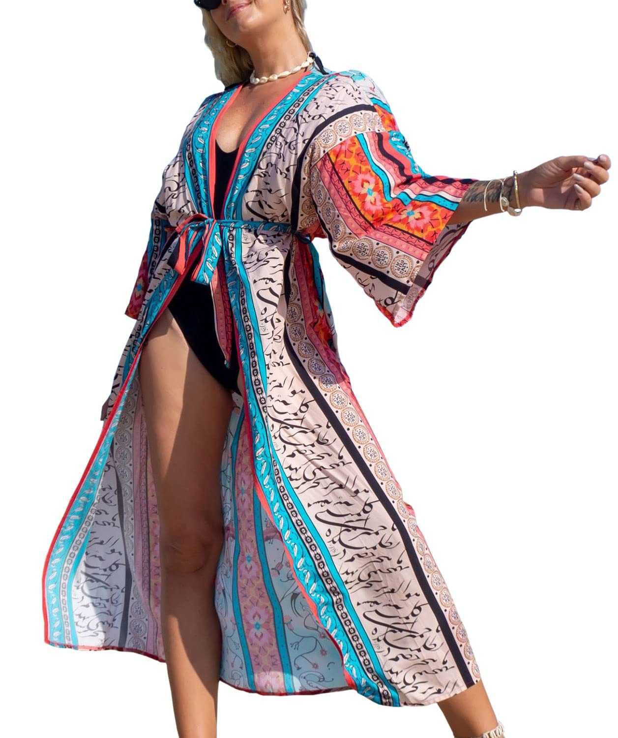 MOPUEA Strandkleid Damen Strandponcho Boho Kimono Cover Up Lang Sommer Cardigan (Strandponcho, 1 langer Strandponcho im Boho-Stil mit offener Vorderseite) Leicht Atmungsaktiv Oversize Boho Print Offene Vorderseite