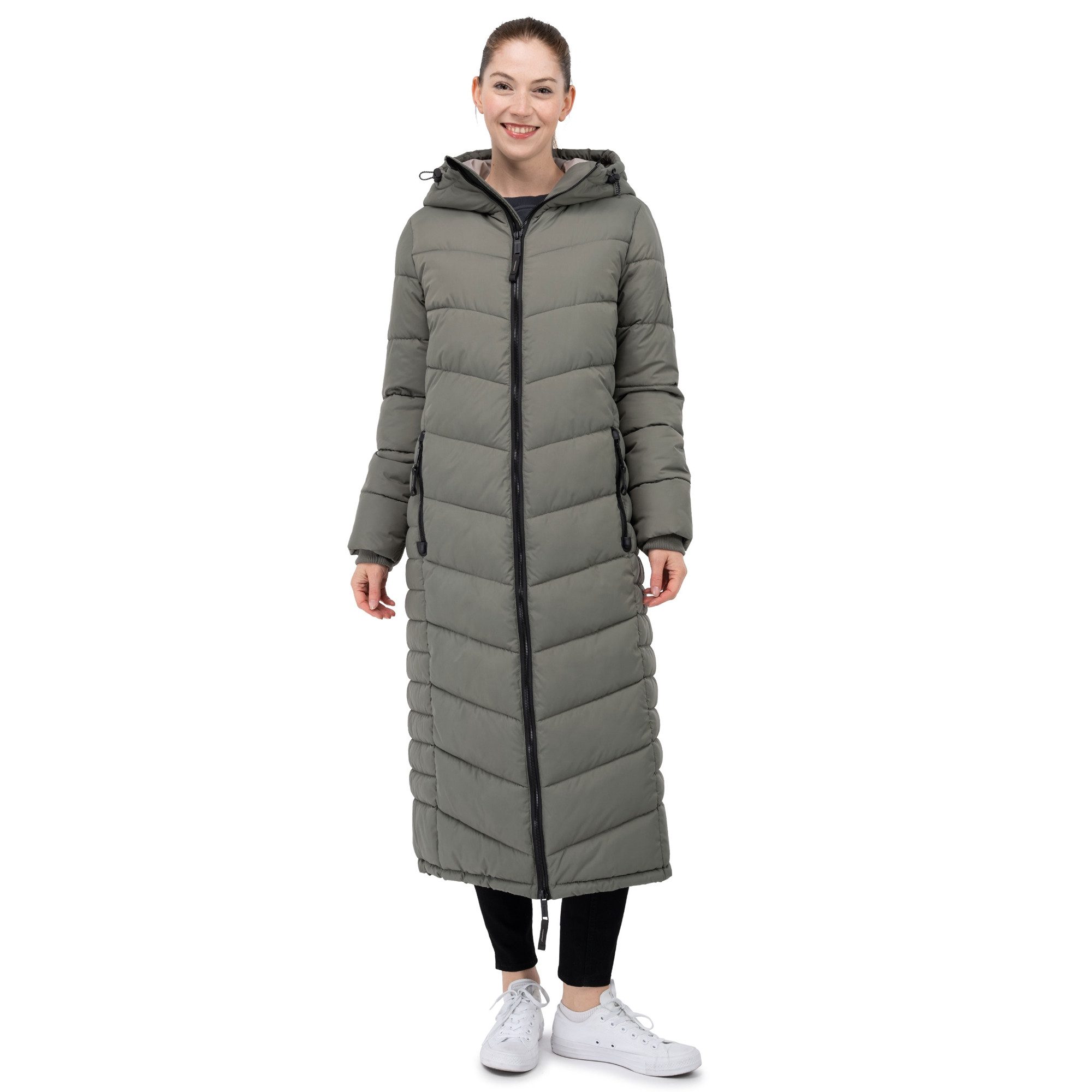 SUBLEVEL Steppjacke Damen Mantel mit Kapuze extra lange Winter Jacke Parka