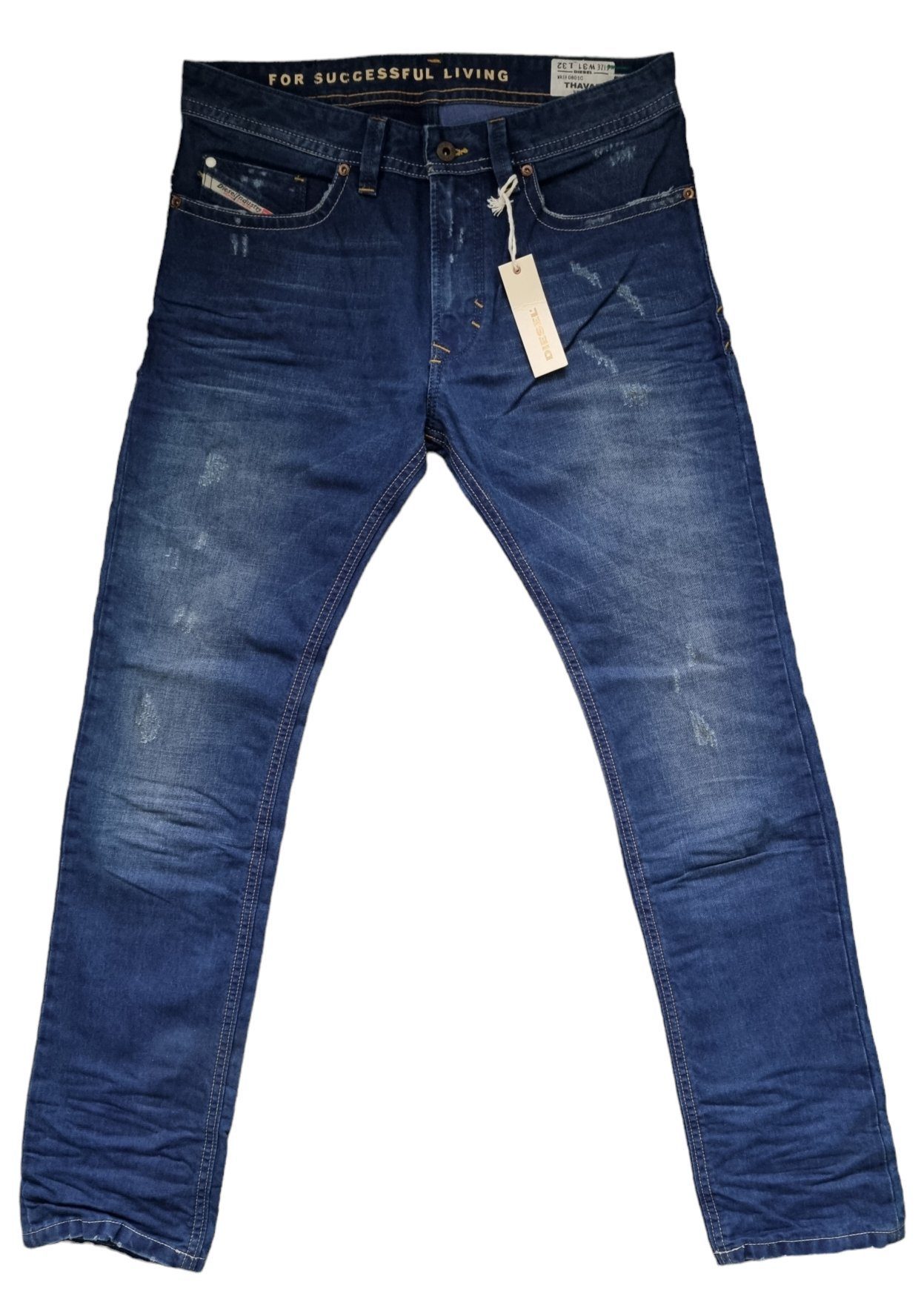 Diesel Slim-fit-Jeans Thavar 0801C (Blau Dunkelblau, Dirty Vintage Look) 100% Baumwolle, Leder Applikation, 5-Pocket-Style