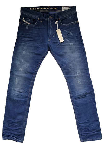 Diesel Slim-fit-Jeans Thavar 0801C (Blau Dunkelblau, Vintage Used Look) 100% Baumwolle, Leder Applikation, 5-Pocket-Style